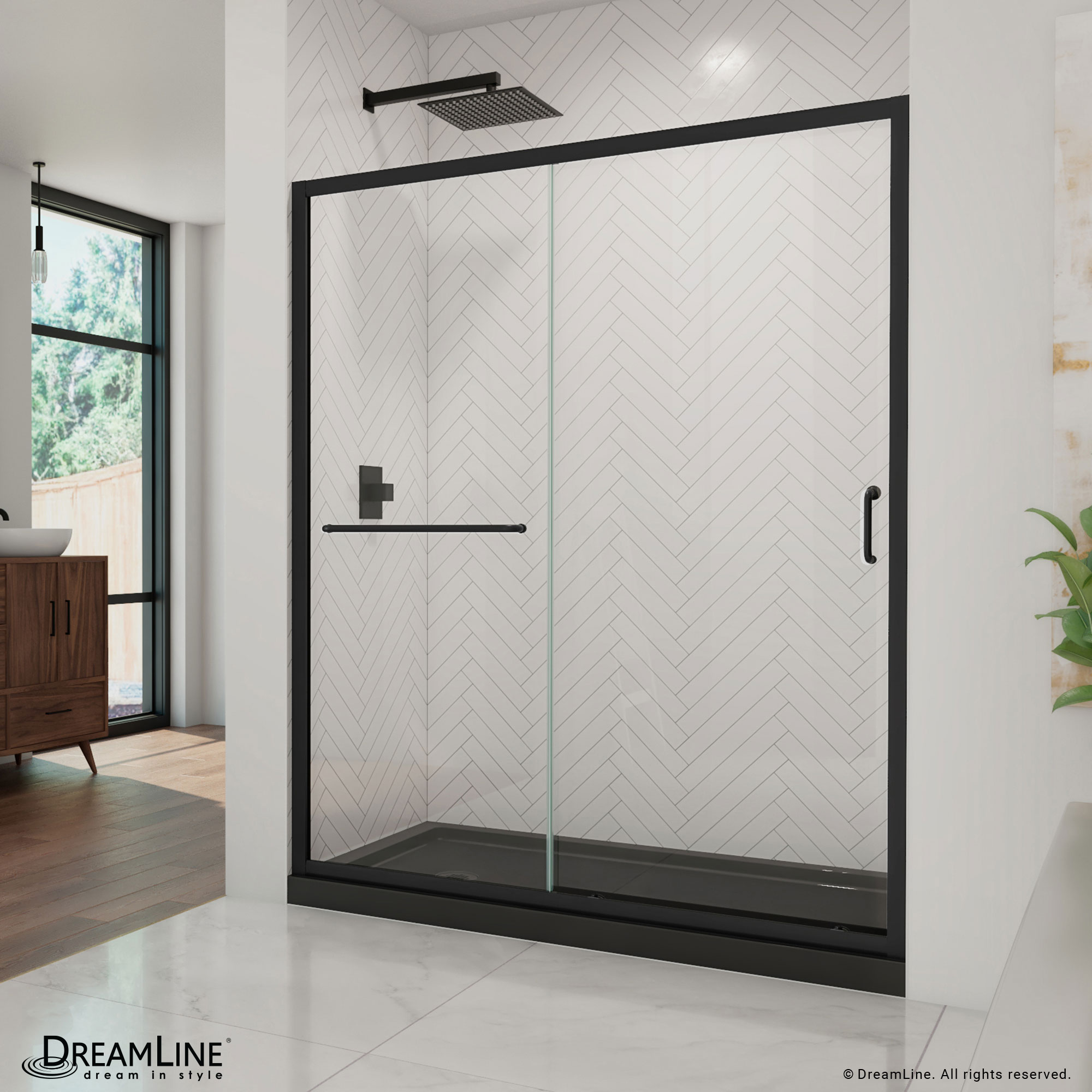 DreamLine DL6972CLL-88-09 Infinity-Z 2 -Piece 60-in W x 34-in L x 75-in H Rectangular Alcove shower kit ( Left Drain) Base and Door Included Black Hardware Included