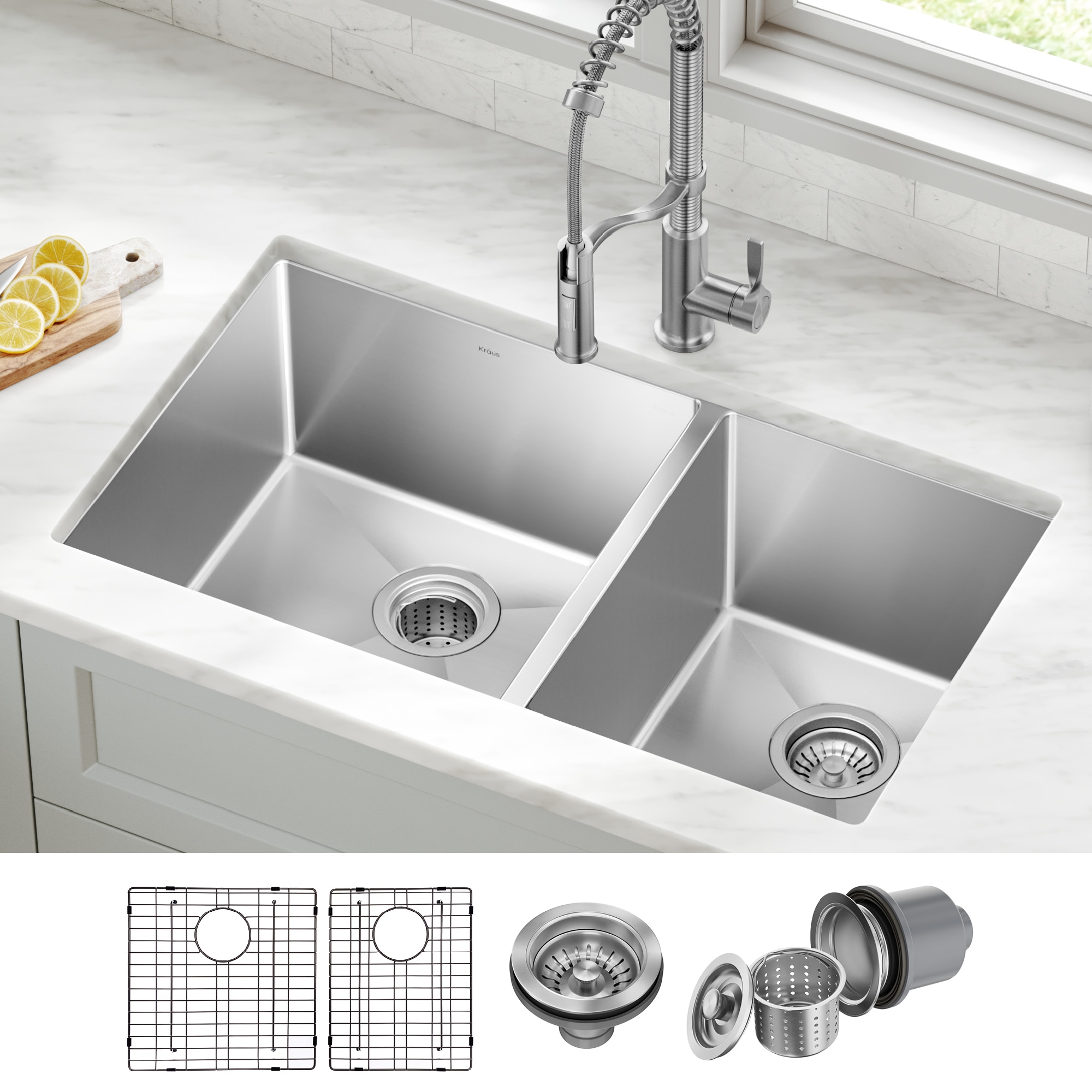 Kraus KHU103-33 Standart PRO Undermount 32.75-in x 19.0-in Stainless steel Double offset bowl 16 -Gauge Kitchen Sink