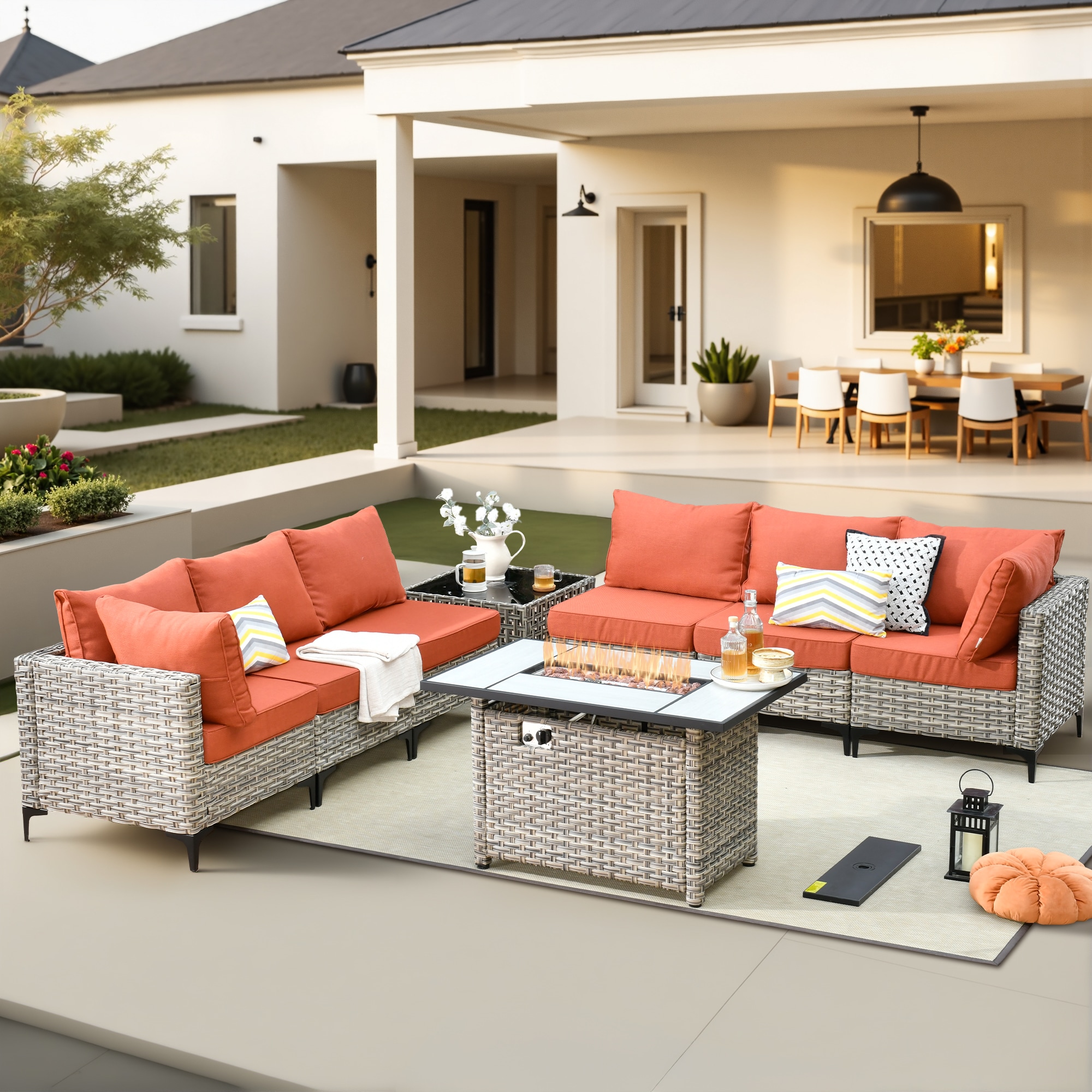 Pouuin RFPSKT80C8 Wicker Outdoor Sectional with Red Cushions and Wicker Frame