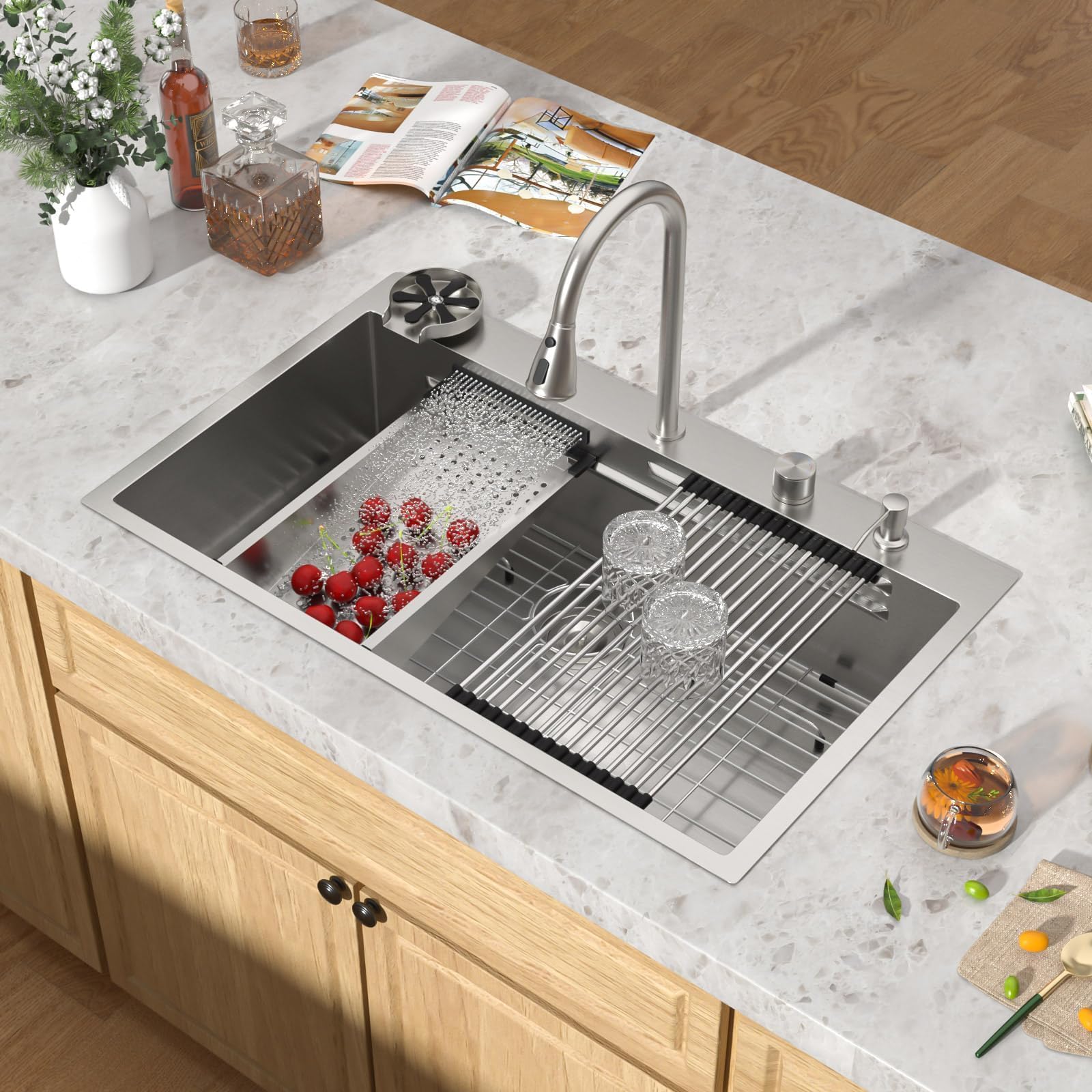KIWDZFU  33x22 Drop In Kitchen Sink with Pull Down Faucet Waterfall Outlet and Four Holes Configuration 16 Gauge Stainless Steel Single Bowl