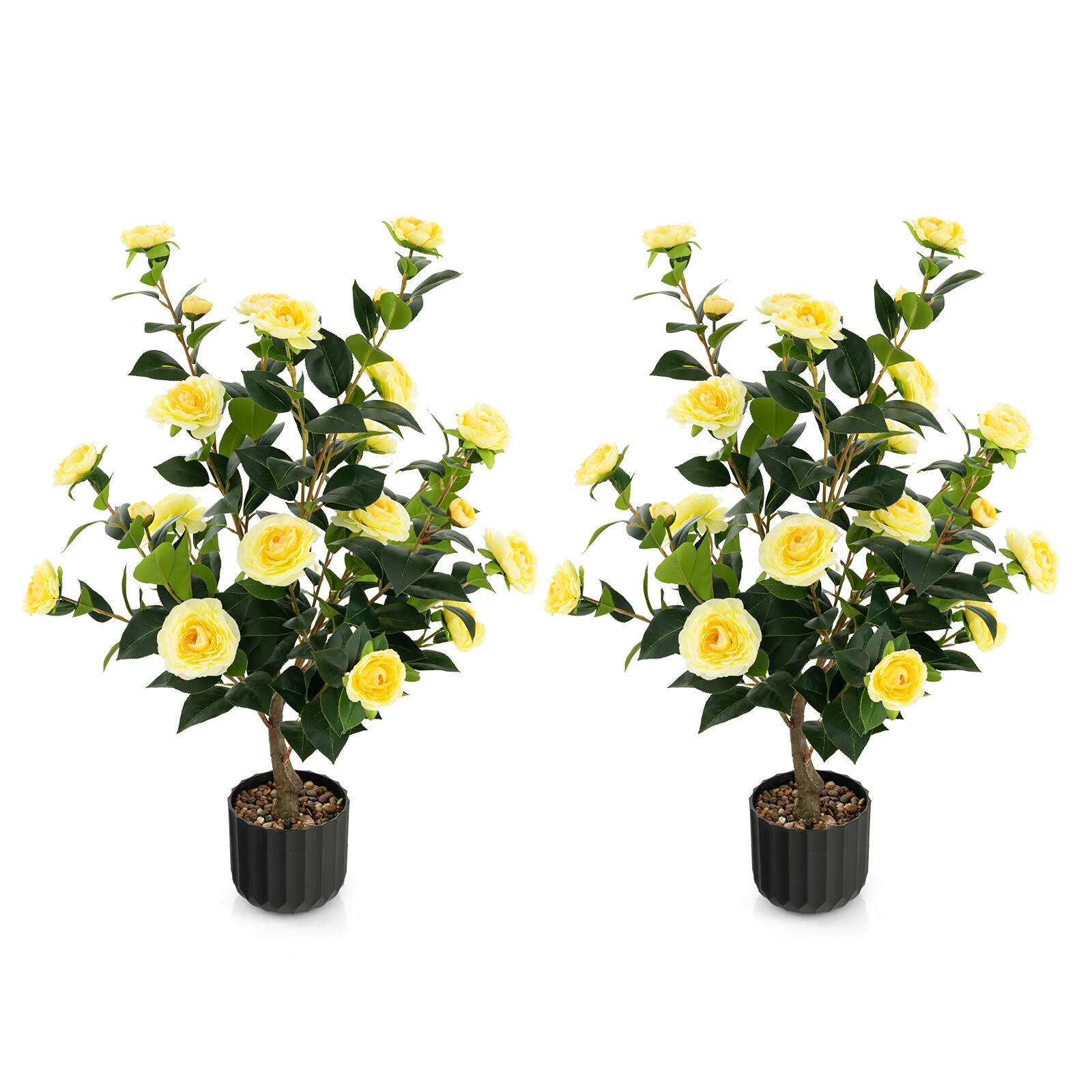 Volenca - 2-Pack 38-in Artificial Yellow Camellia Tree Faux Flower Plant with Cement Pots
