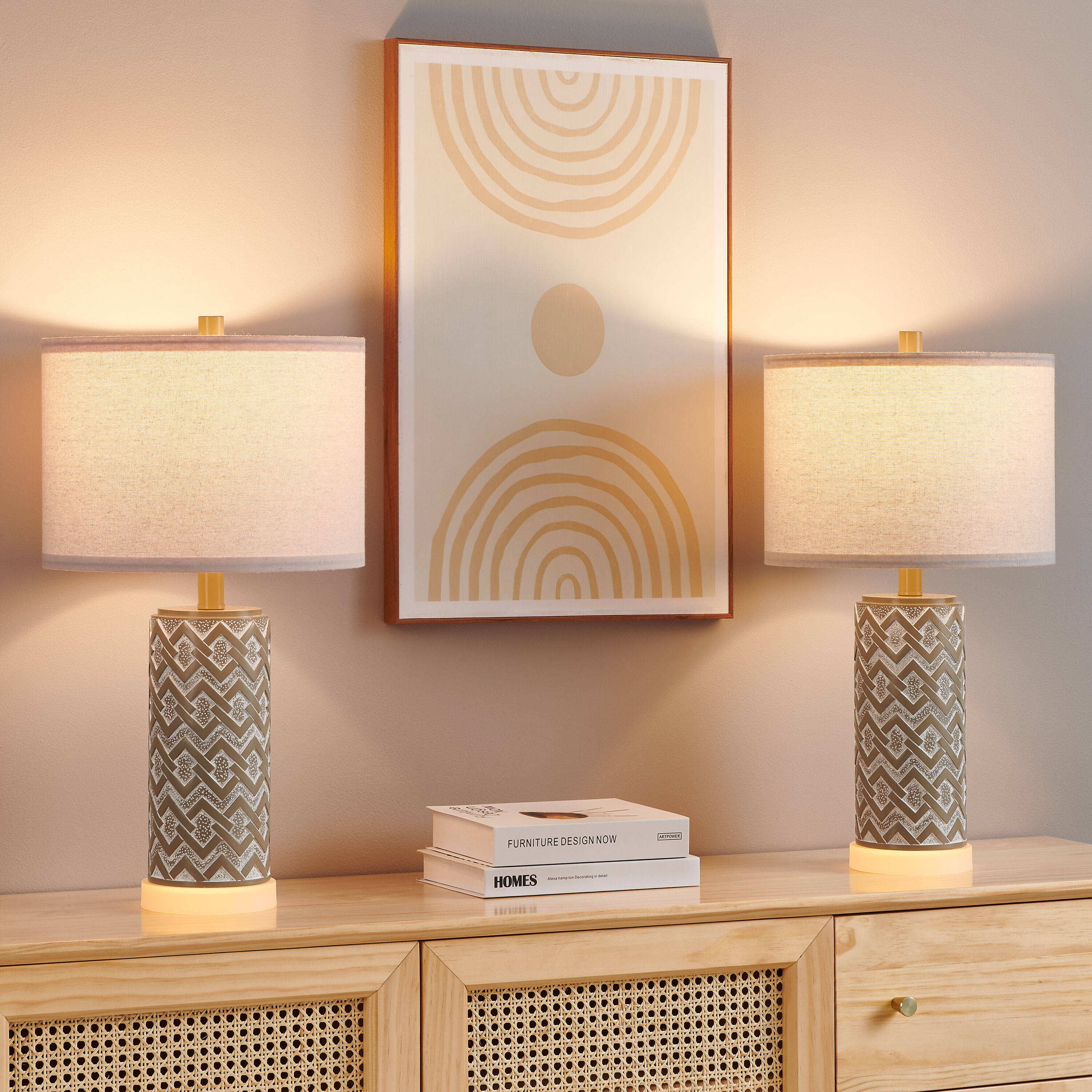 KAWOTI 21378 22-in Distressed Gray LED 4-way Table Lamp with Linen Shade 2 -Set