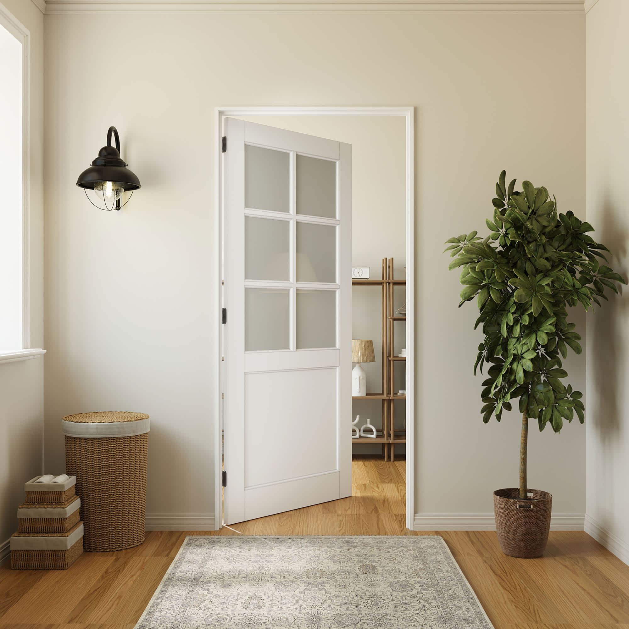 Ark Design 6-Lite Solid Core MDF Tempered Frosted Glass and Manufacture Wood White Primed Interior Door Slab 36-in x 80-in