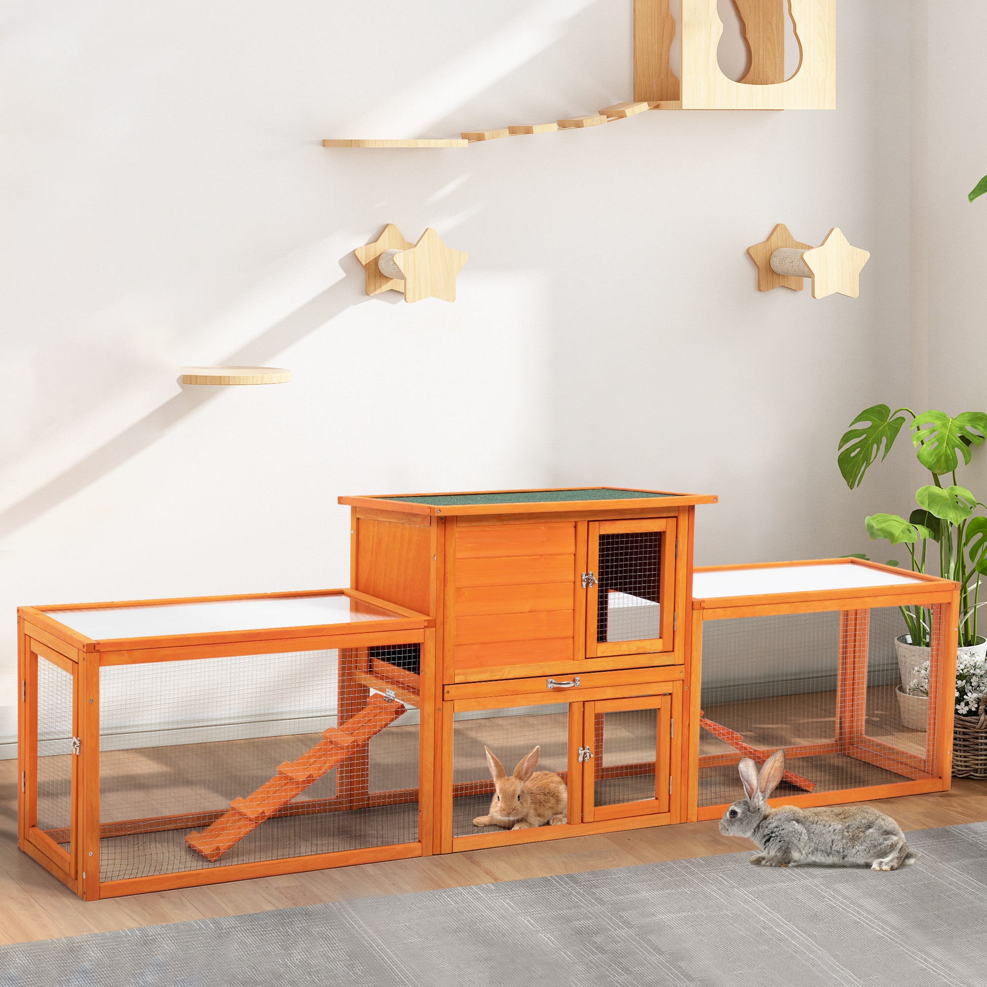 Large Orange Wood Rabbit Hutch with Ramps and Mesh Runs