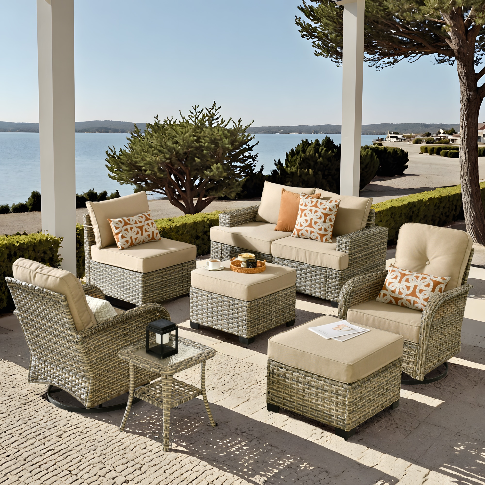 Pouuin SVYZBS600-6 7 -Piece Wicker Patio Conversation Set with Beige Cushions