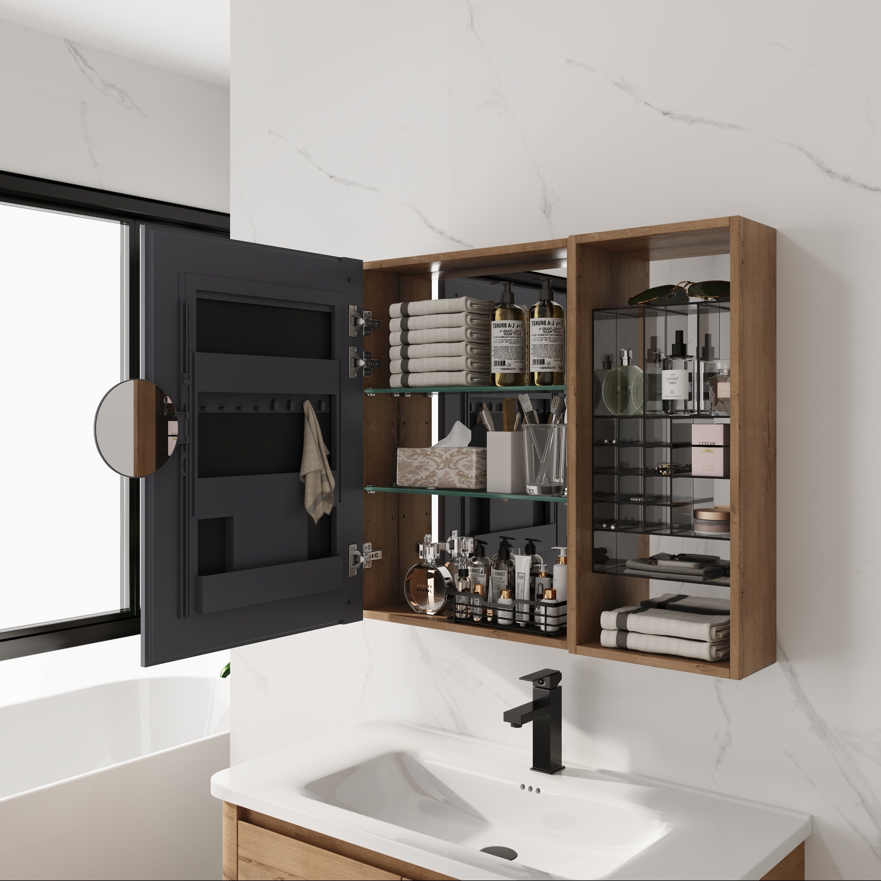 LOVMOR  31.56-in x 5.88-in x 27.56-in Imitative Oak Bathroom Wall Cabinet with Mirror and Adjustable Shelves