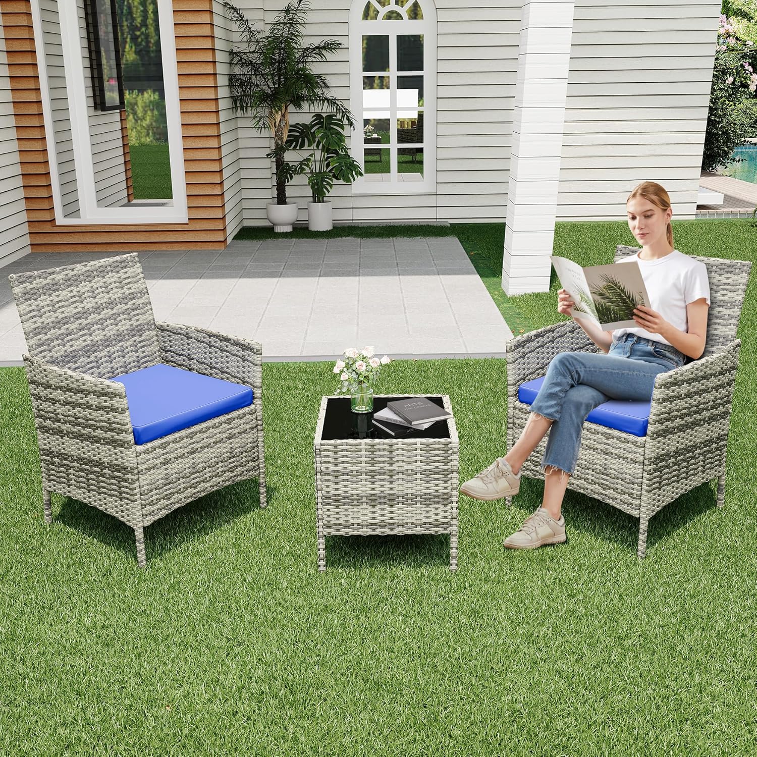 Qeetex LHF-DYQ-PHO-34ULTCPG 3 Piece Patio Set PE Rattan Patio Conversation Set with 2 Chairs and 1 Coffee Table Outdoor Patio Furniture Set for Patio Front Porch Balcony Bistro - Grey
