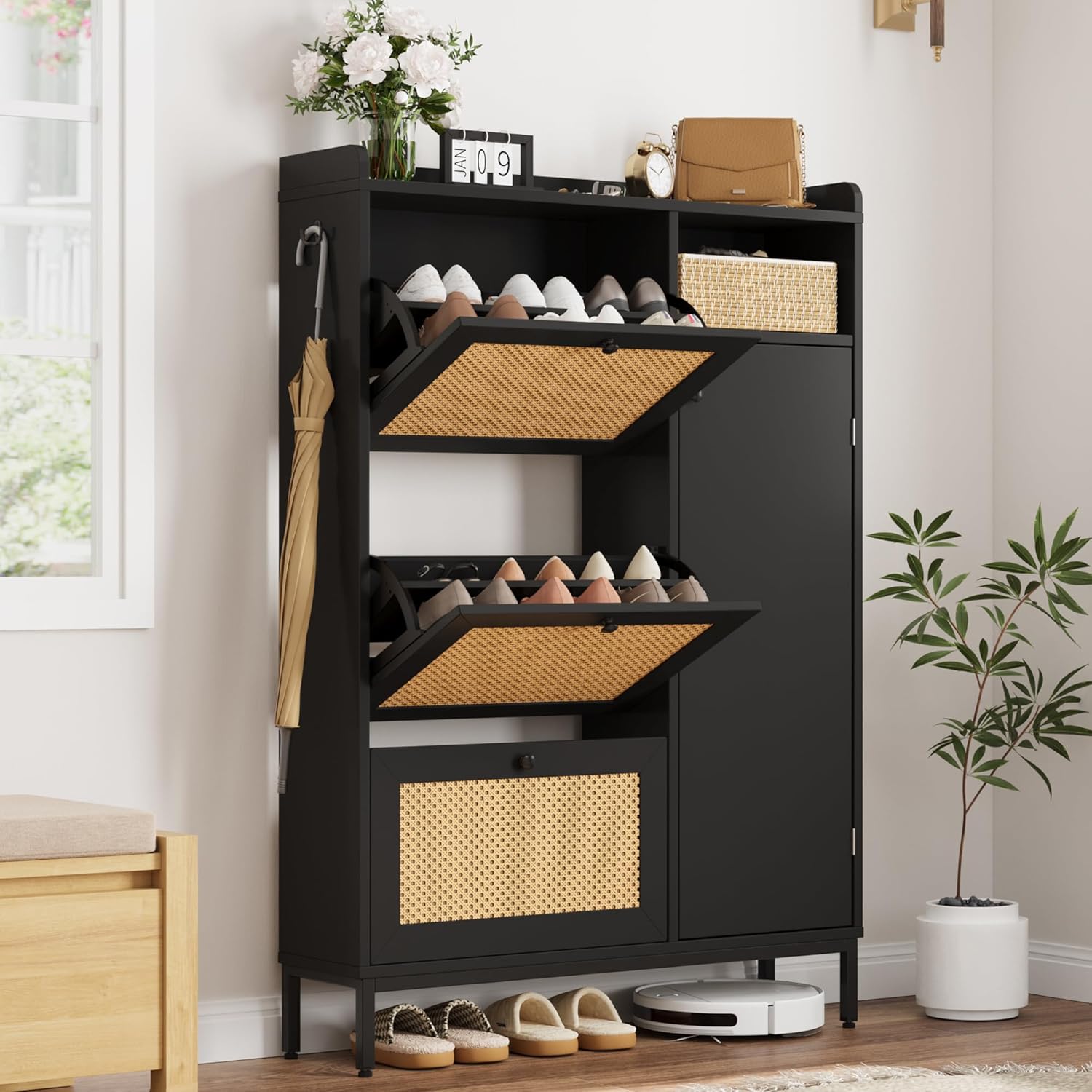 Qeetex LHF-XG-5915029 Rattan Shoe Storage Cabinet with 3 Flip Drawers Freestanding Organizer with Adjustable Shelves for Entryway Narrow Shoe Rack Cabinet for Hallway Easy Assembly Black