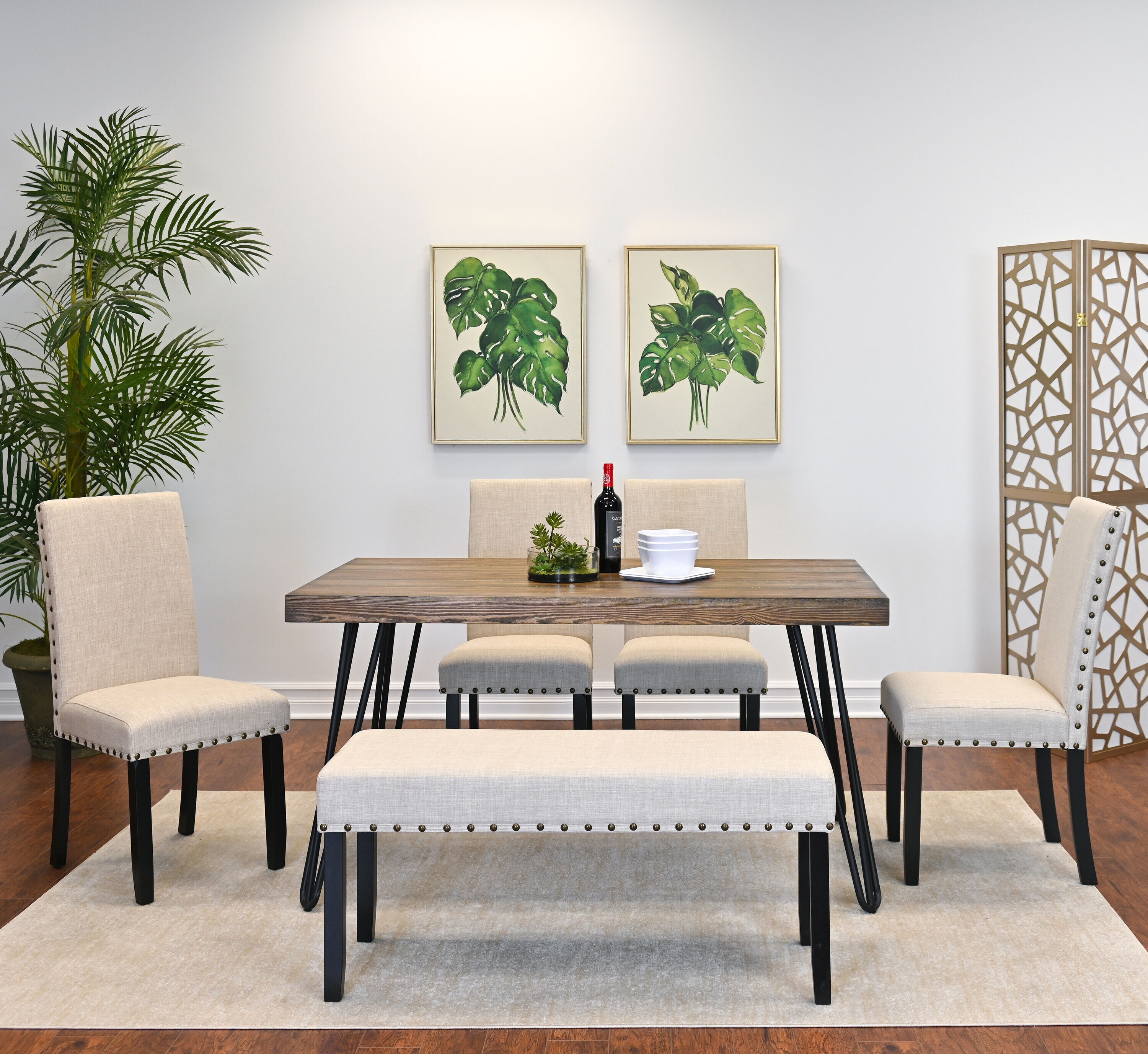 Roundhill Furniture T8741C162X2-CB162TA Amisos 6 Tan Casual Dining Room Set with Rectangular Table ( Seats 6 )