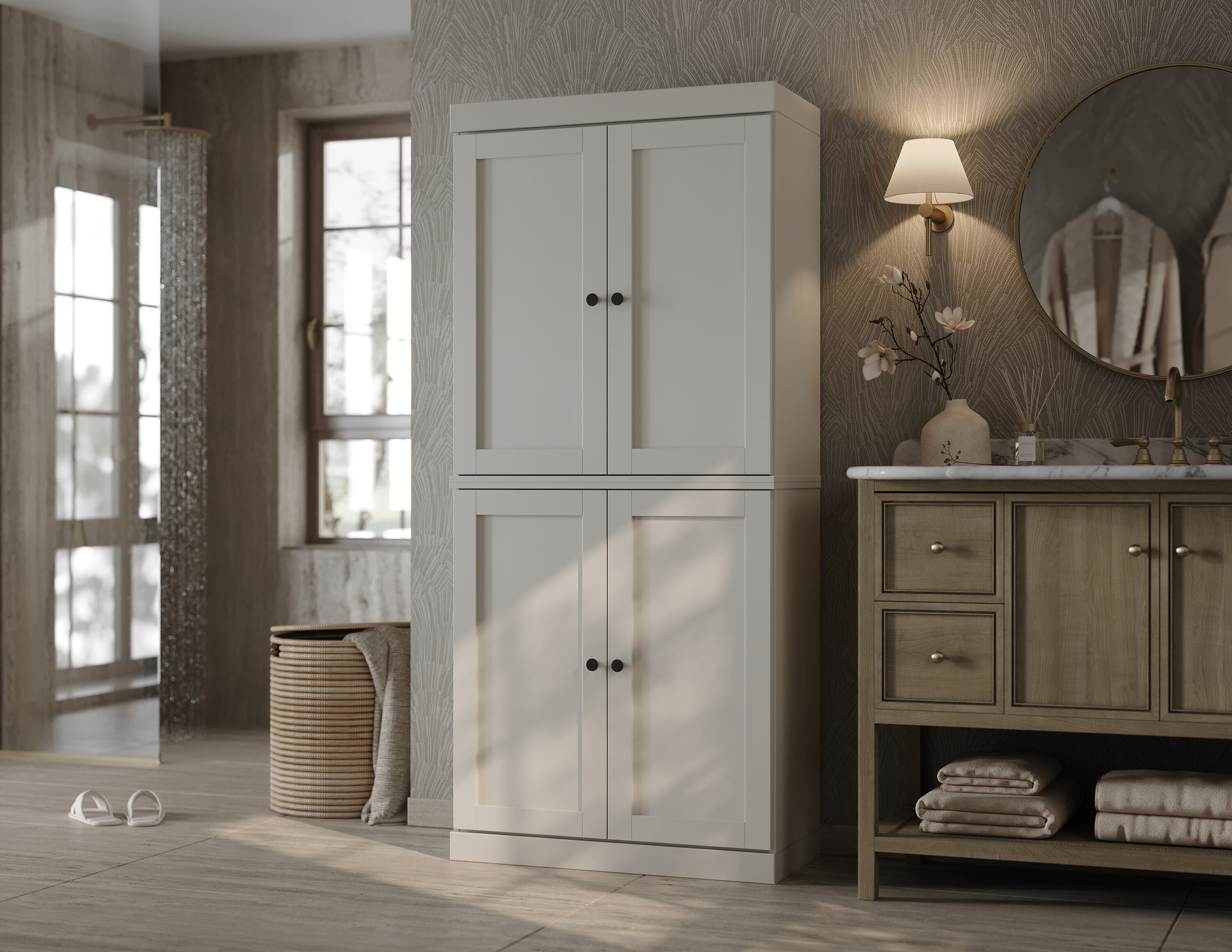 Palace Imports 32-in W Solid Wood Tall Modular Shaker Bathroom Linen Laundry Room Storage Cabinet