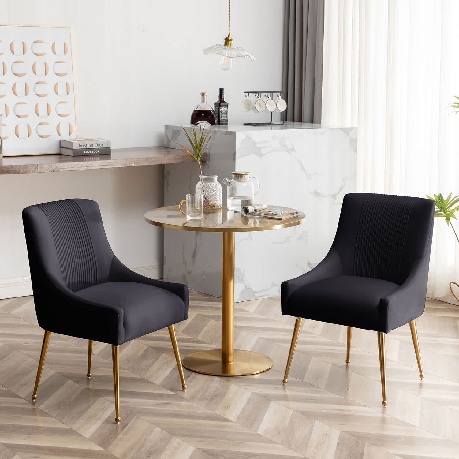 SEYNAR XY642-BLACK-S2 Modern Glam Boucle Pleated Velvet Dining Chair or Vanity Chair Set of 2 with Rear Handle