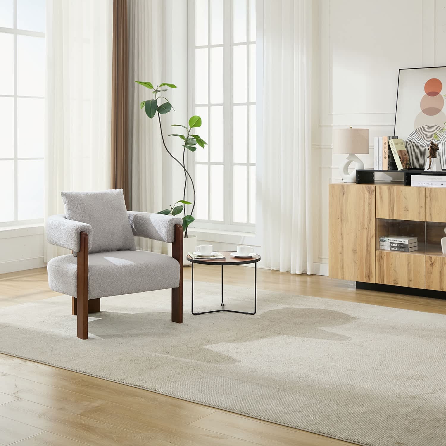 SEYNAR FJ813-GREY Modern Teddy Upholstered Fabric Round Armchair with pillow