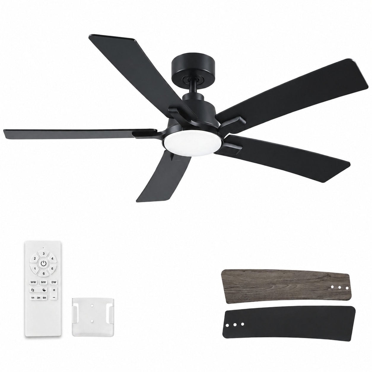 Etokfoks  52 Inch Modern Ceiling Fan Black Housing Dual Color Blades Downrod Mount Dimmable LED Light with Remote DC Motor