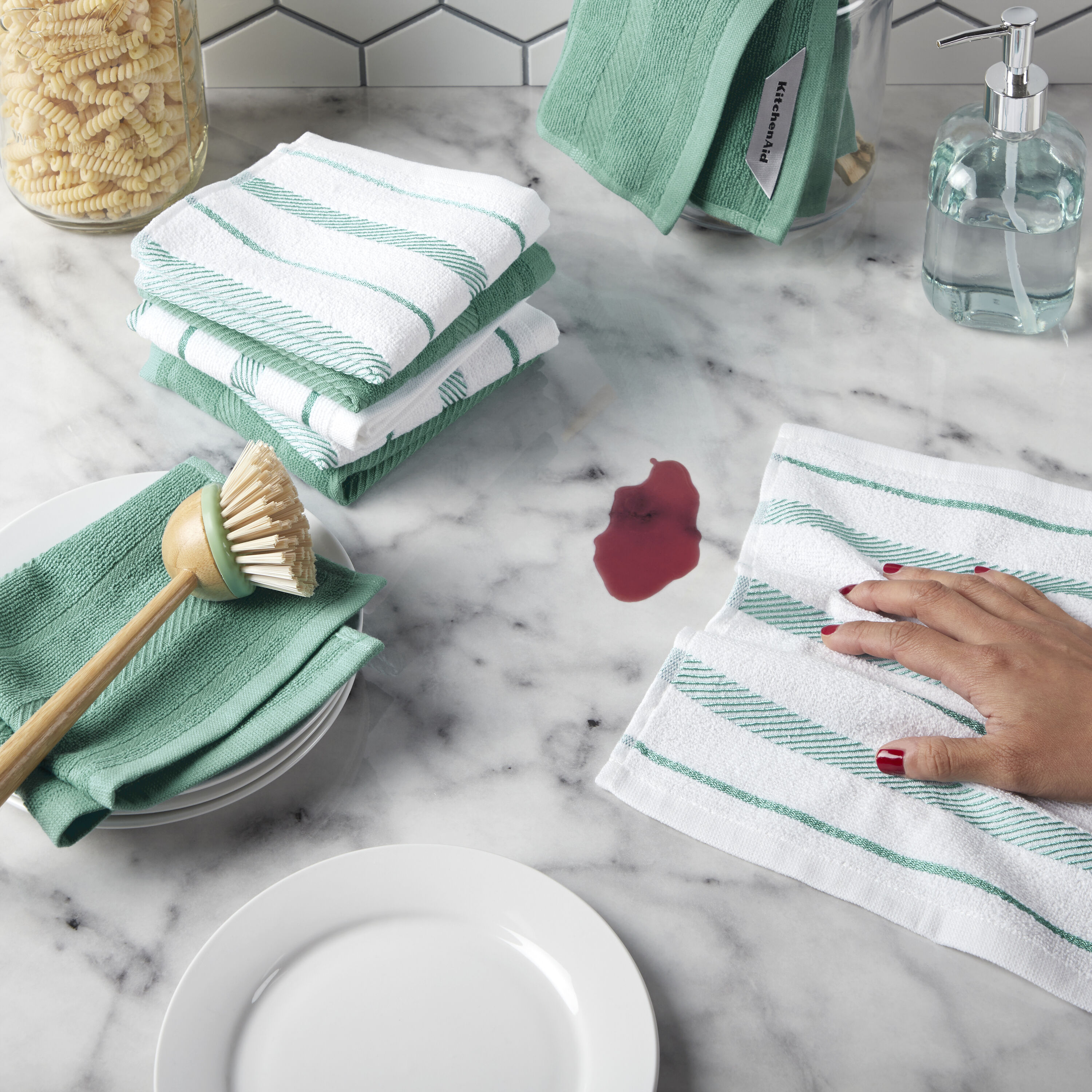 Food Network Kitchen Towel Set Featuring 2 Aqua Stripe Kitchen Towels and 4  Matching Dish Cloths