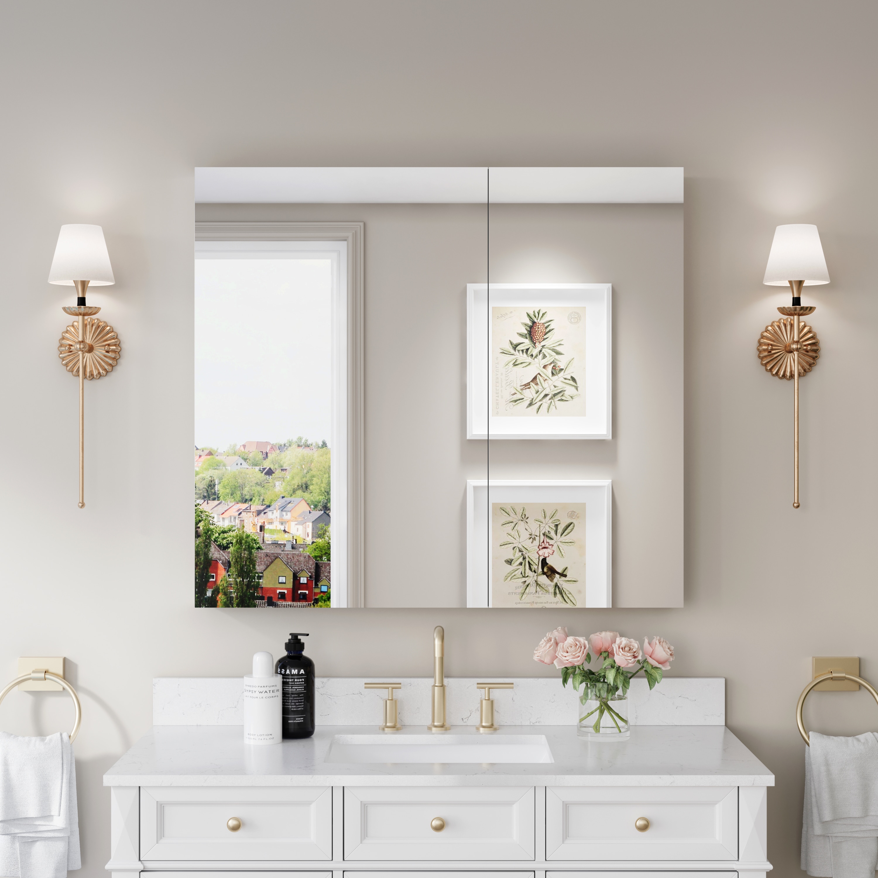 Forclover Reversible 40-in x 36-in Surface/Recessed Mount Chrome Aluminum Mirrored Rectangle Soft Close Medicine Cabinet