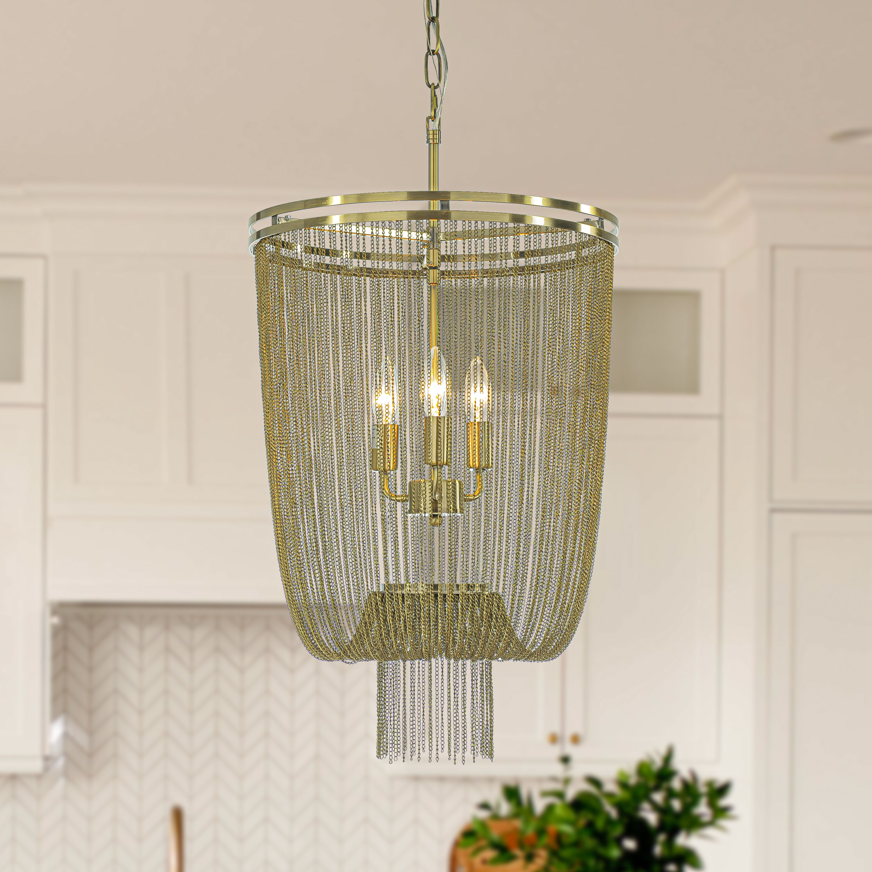AloaDecor Lighting L7107D40BR01A 3 -Light Antique Gold Modern/contemporary Cage For Use in Bedrooms, Dining Rooms, Foyers, Kitchens, Living Rooms Chandelier