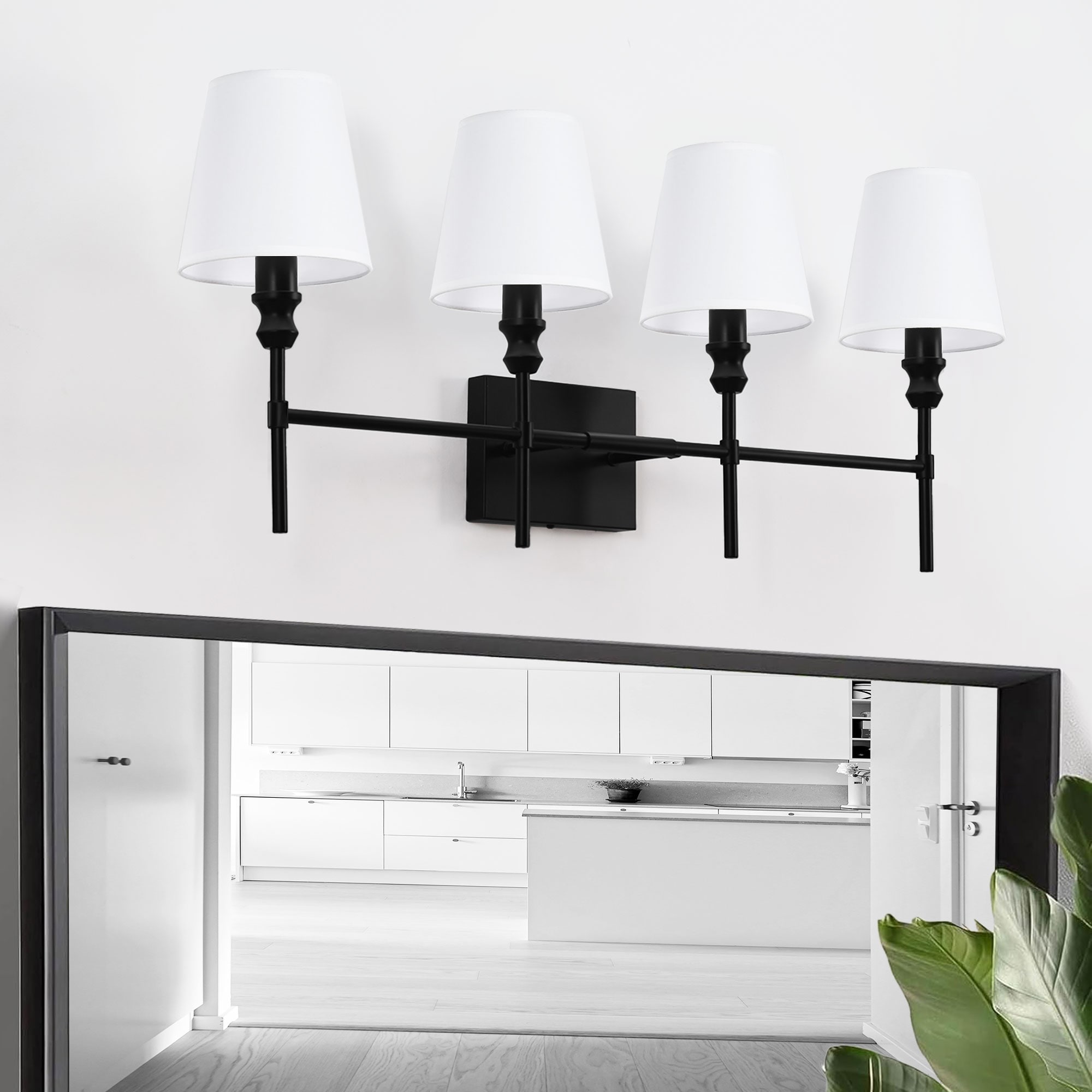 LOBREG  Matte Black Bathroom Vanity Light  32.3 in. 4-Light Indoor Wall Sconce with White Fabric Shades for E12 Bulbs Dimmable Wall Lamp