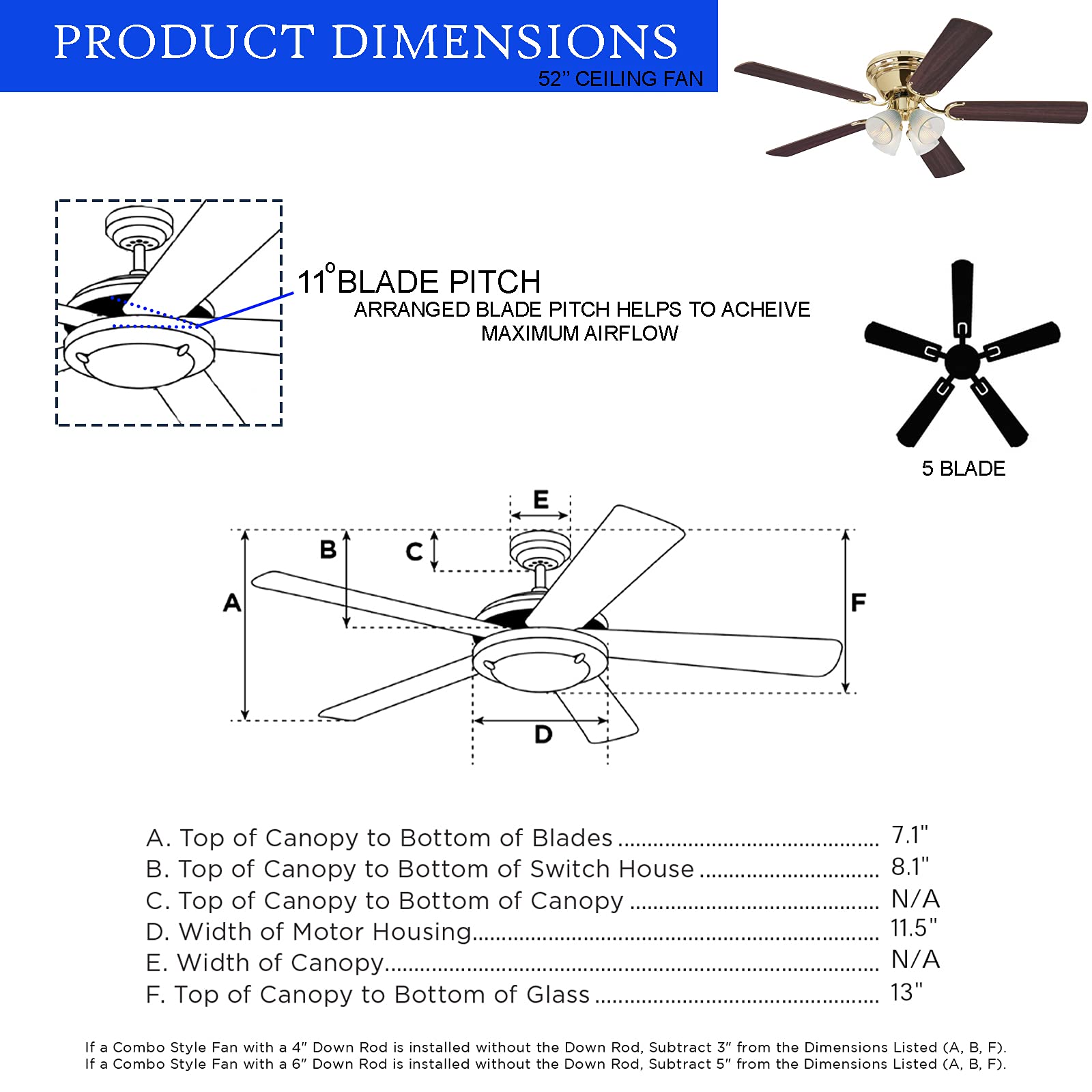 52'' Polished Brass Ceiling Fan with LED Lights and Reversible Blades