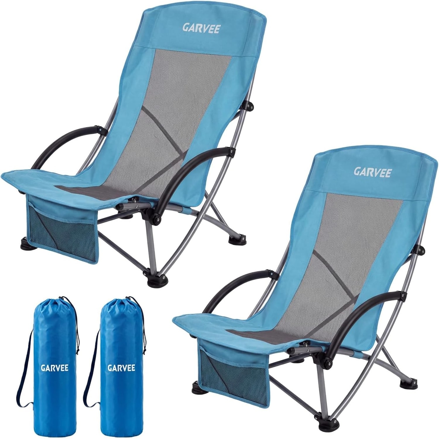 Garvee 2-Pack High Beach Chair Folding Portable Beach Chairs for Adults Lightweight Extra Wide Seat with Cup Holder Storage Pocket and Carry Bag for Camping Beach Travel