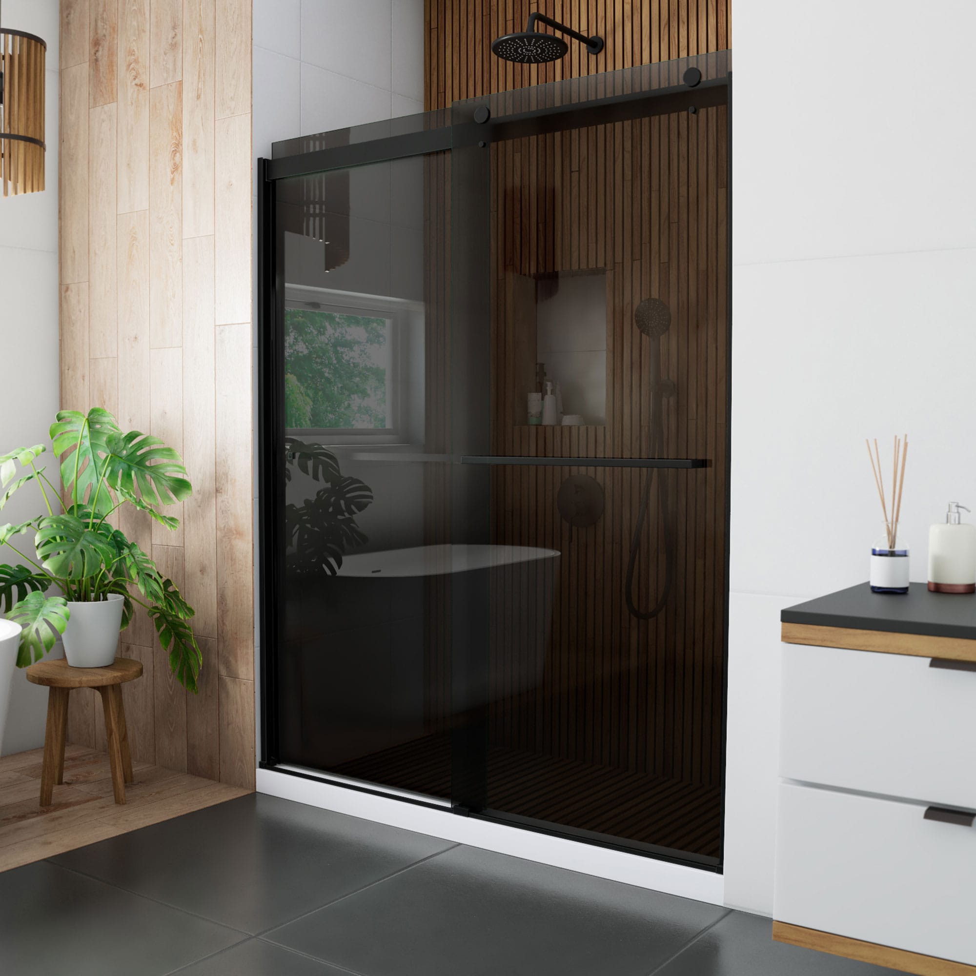 DreamLine SHDR-6360762G09 Sapphire Matte Black 56-in to 60-in W x 76-in H Semi-frameless Bypass Sliding Shower door 5/16-in Thick Smoke gray Glass