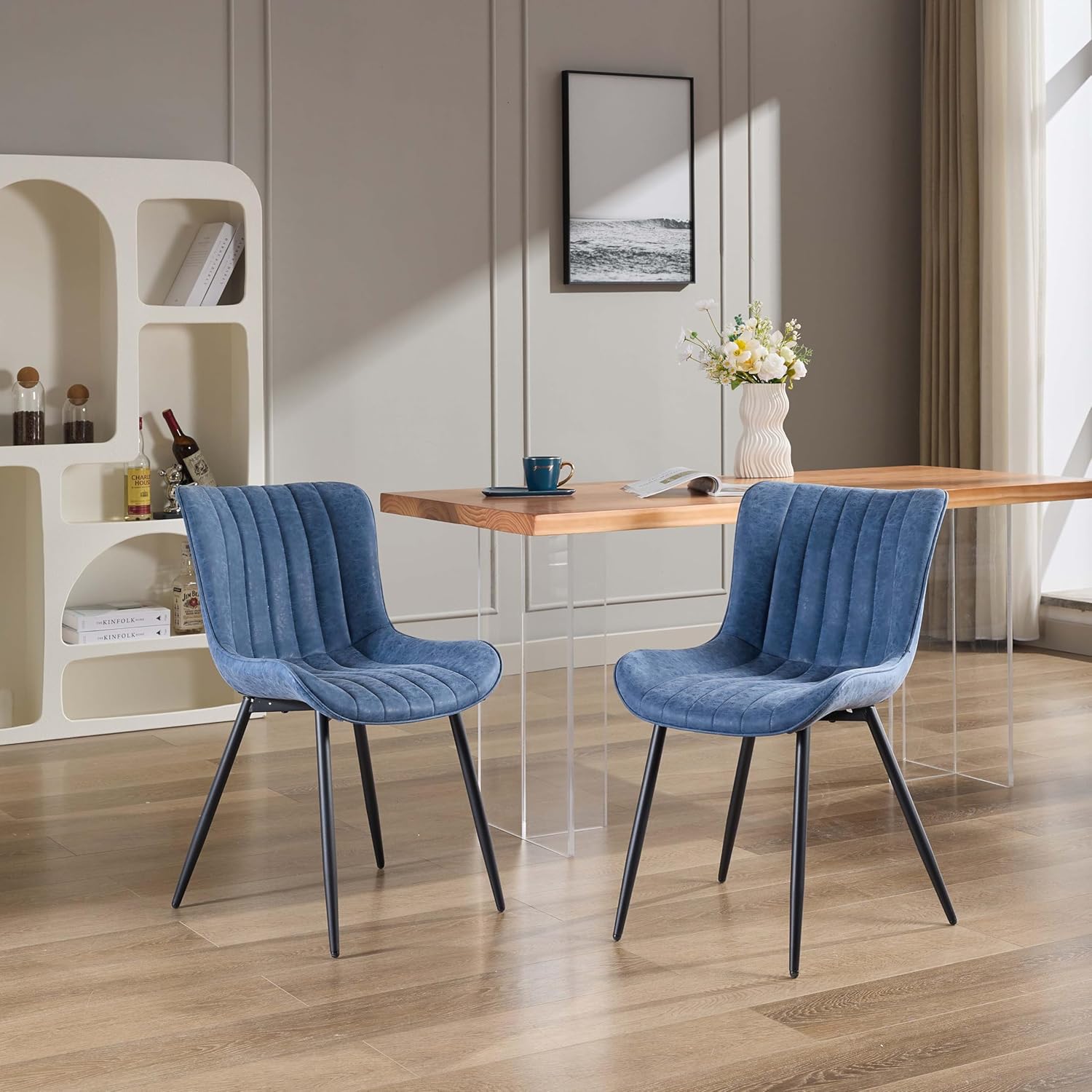 Qeetex PHO-13VICV1W-HNN Set of 2 Blue Faux Leather Dining Chairs with Metal Legs and Comfy Backrest for Dining Room