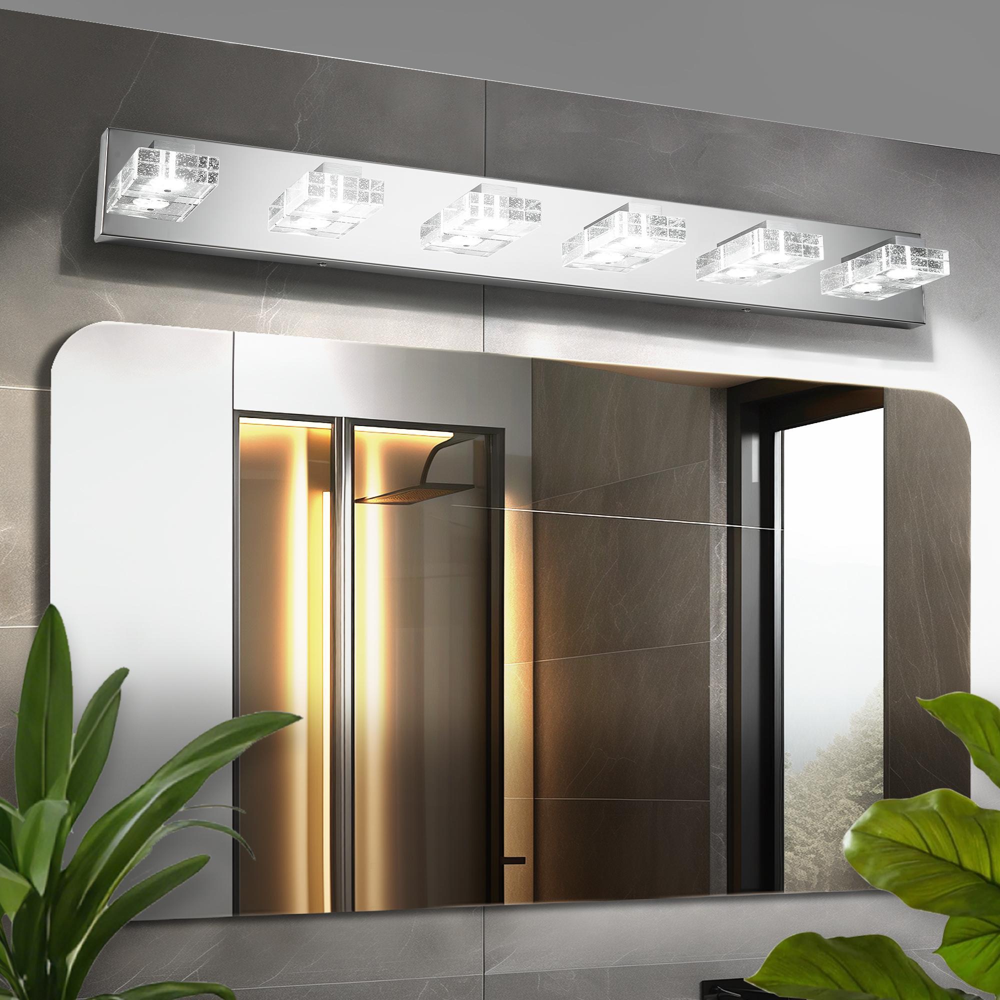 Bayfeve 6-Light Modern Chrome LED Bathroom Vanity Light Bar with Square Acrylic Lampshades