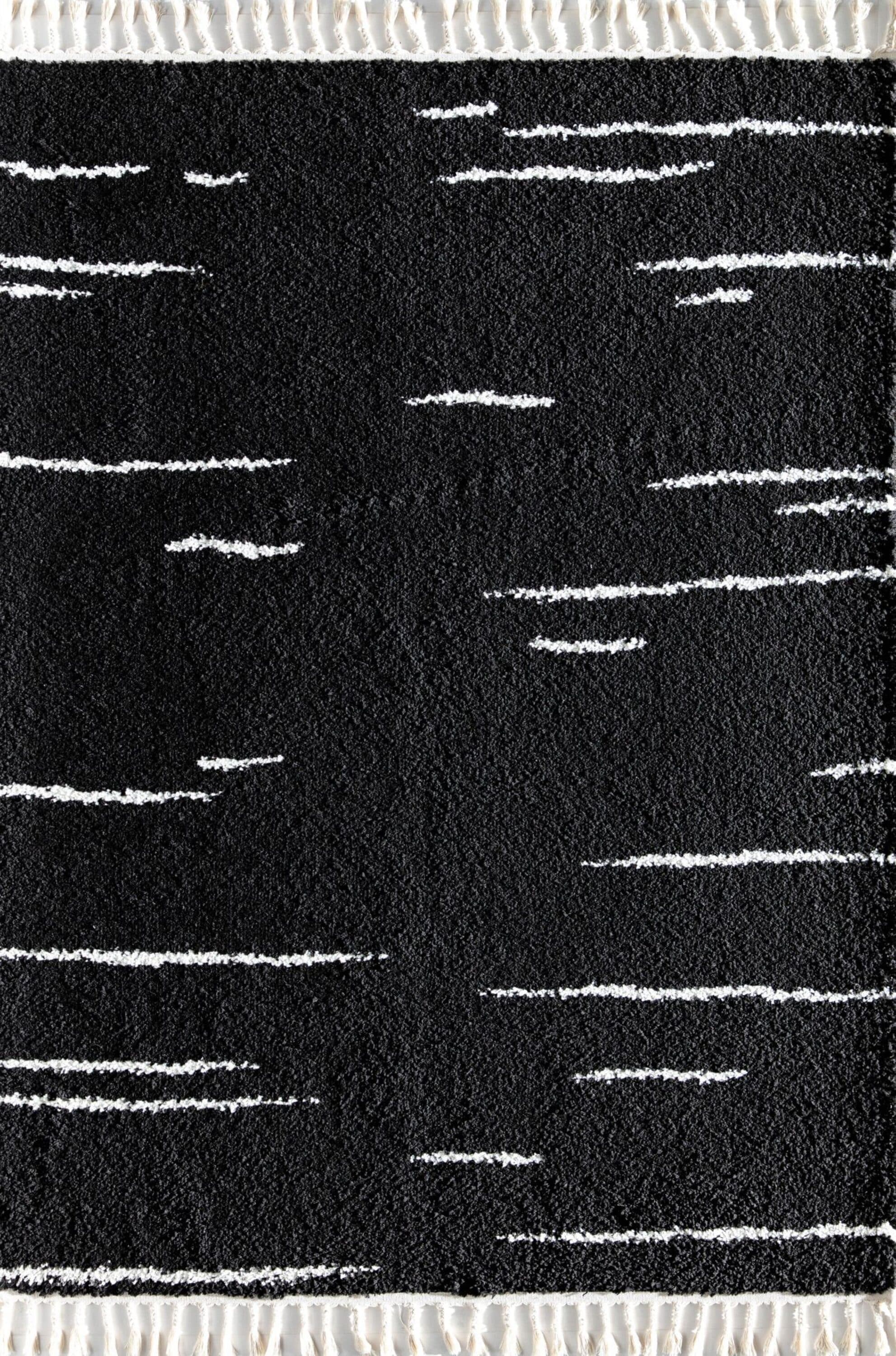 Introspective Black Abstract Shag Synthetic Area Rug with Braided Tassels