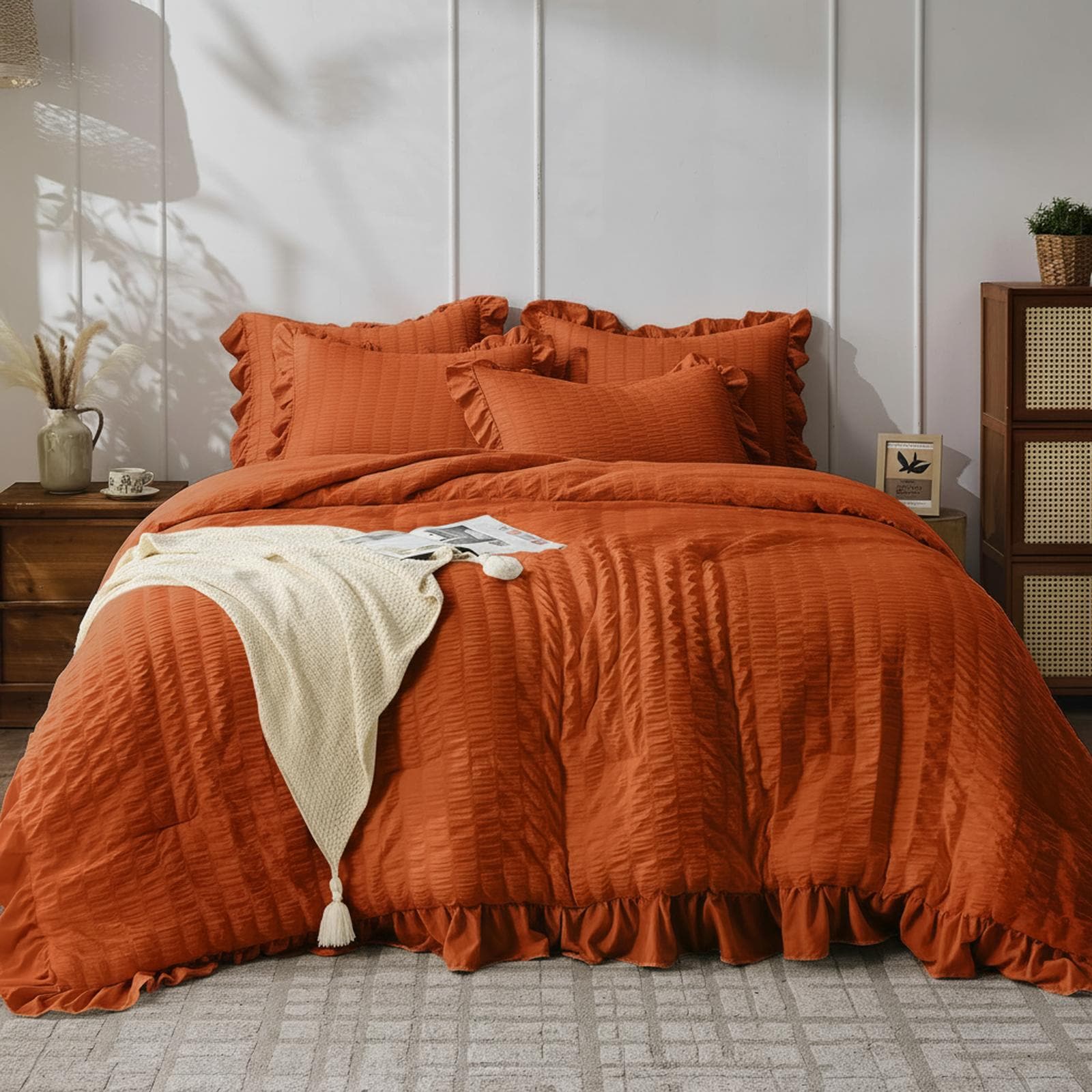OMOMMD Queen Ruffle Seersucker Comforter  All Season Lightweight Soft Shabby Chic Bedding with Pillowshams  Certified Durable Easy Care