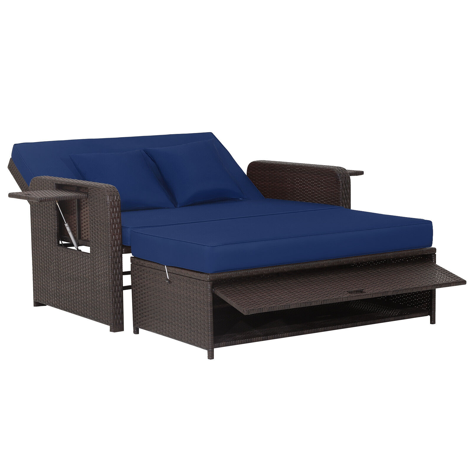 LIVIZA OUG70644NY-X Patio Rattan Daybed Rattan Outdoor Daybed with Navy Cushions and Steel Frame