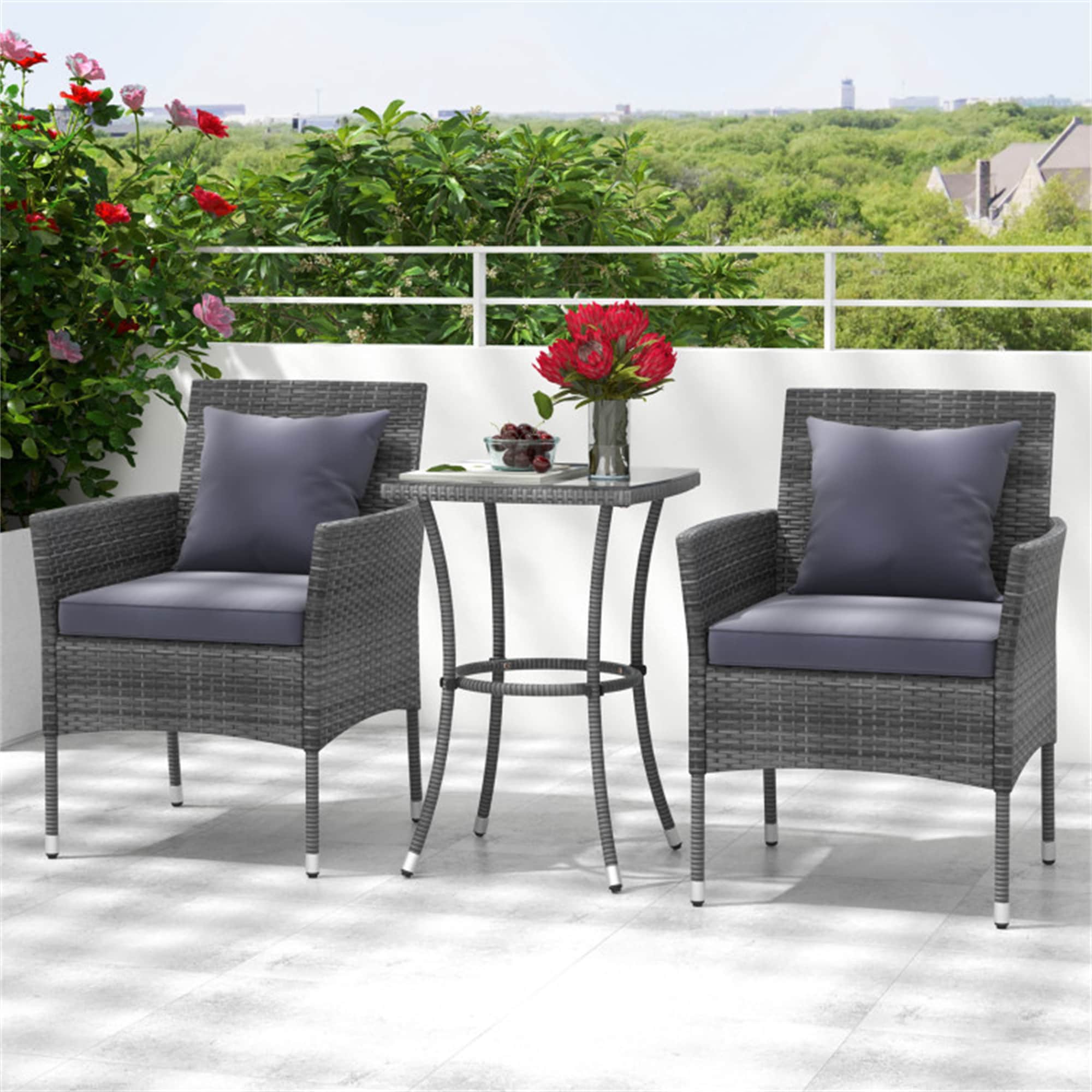 BABOOM BOM-70901WH-CO Patio Furniture Set 3 -Piece Rattan Patio Conversation Set with Gray Cushions