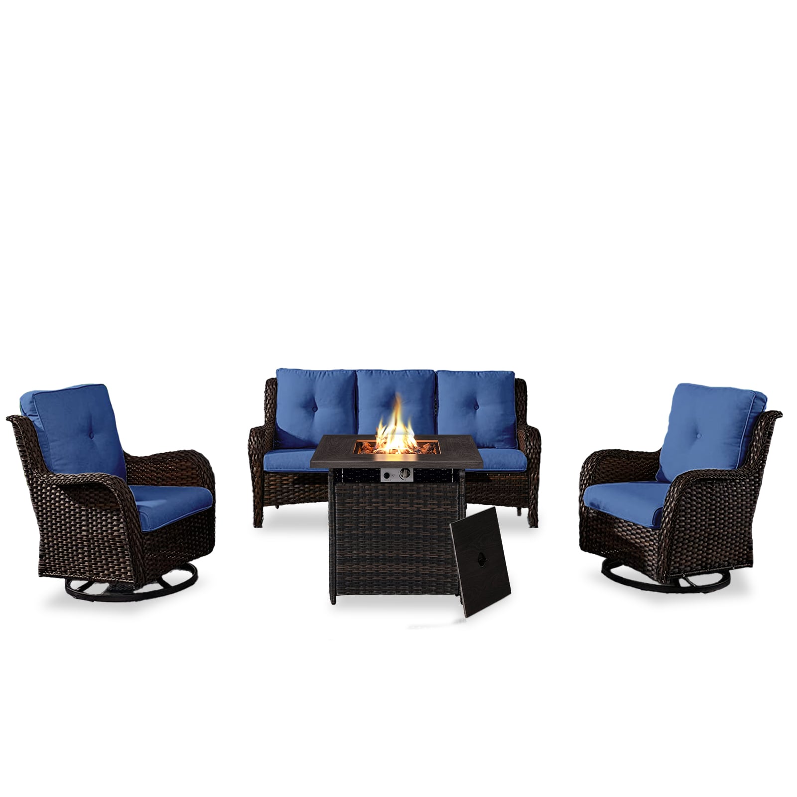 Rilyson FS013023098-1 Curved armrest 4 -Piece Wicker Patio Sofa Conversation Set with Blue Cushions