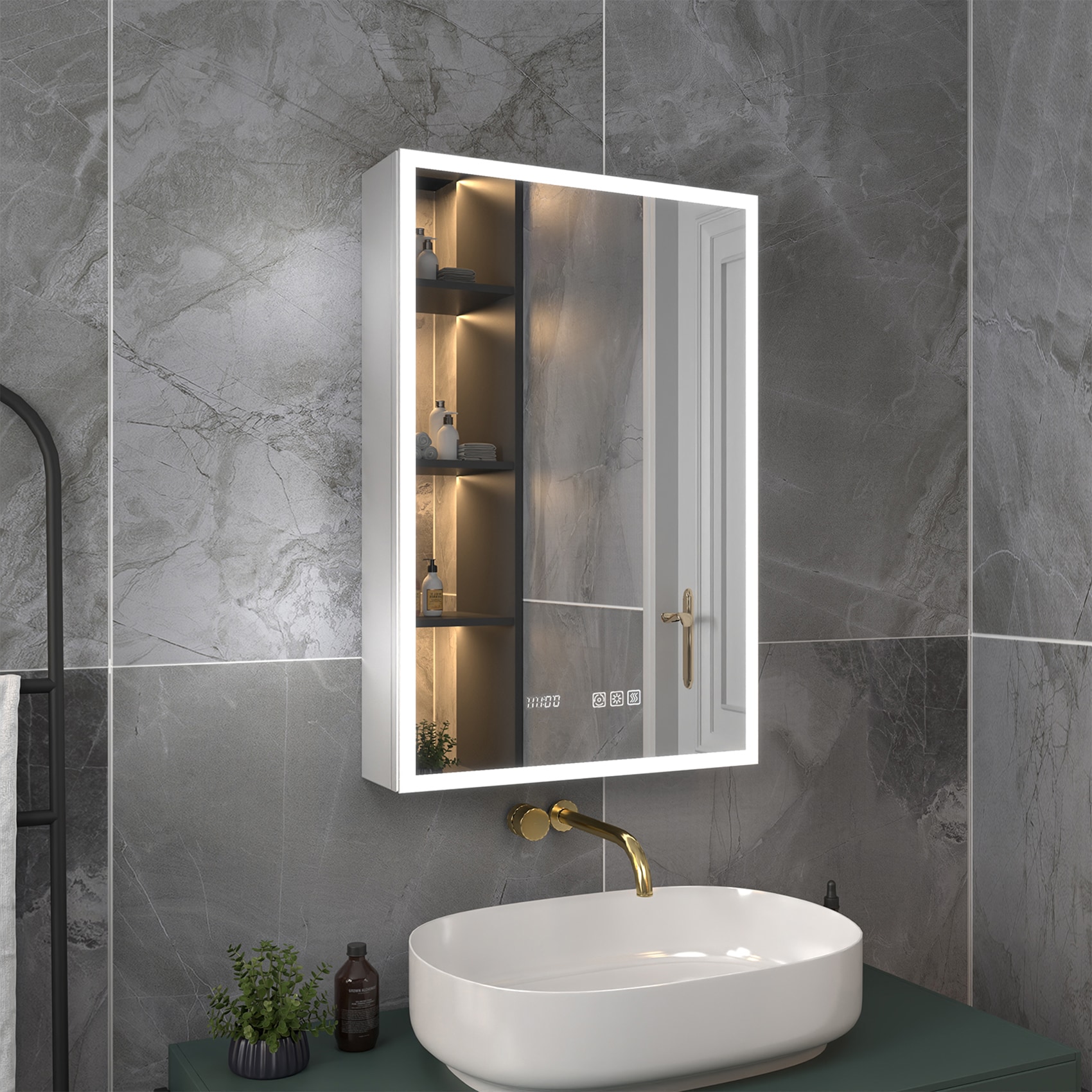 ExBrite EXMC2030V8RX Glare 20-in x 30-in Lighted LED Fog Free Surface/Recessed Mount Moonlit Silver Mirrored Rectangle Soft Close Medicine Cabinet with Outlet