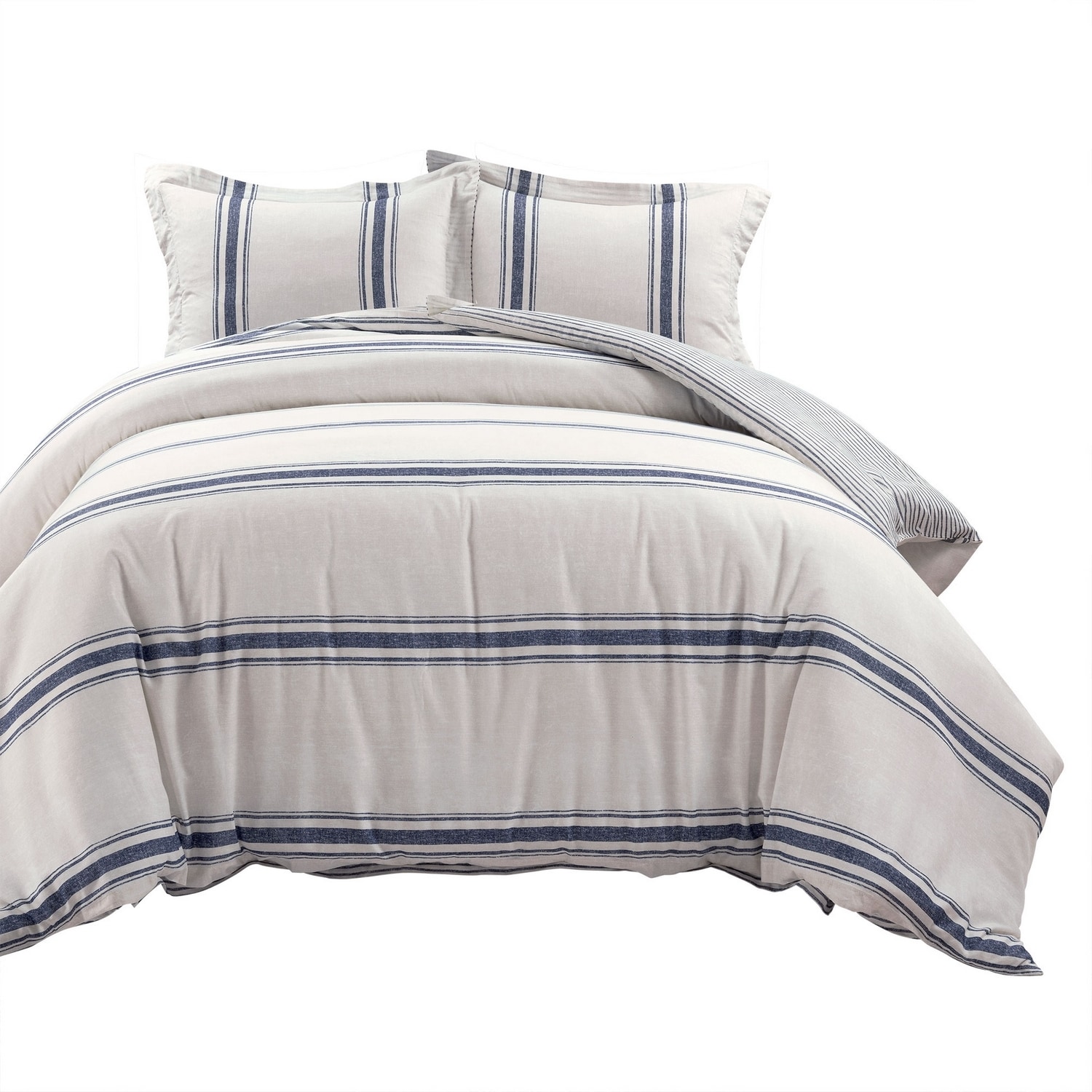 King Navy Cotton Farmhouse Stripe Reversible Duvet Cover Set