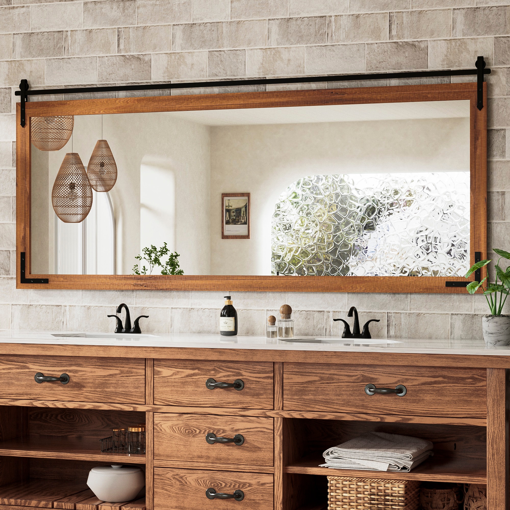 Keonjinn LW-GCJ-18281-BW Farmhouse Wall Mirrors 72-in W x 32-in H Rectangle Brown Framed Wall Mirror