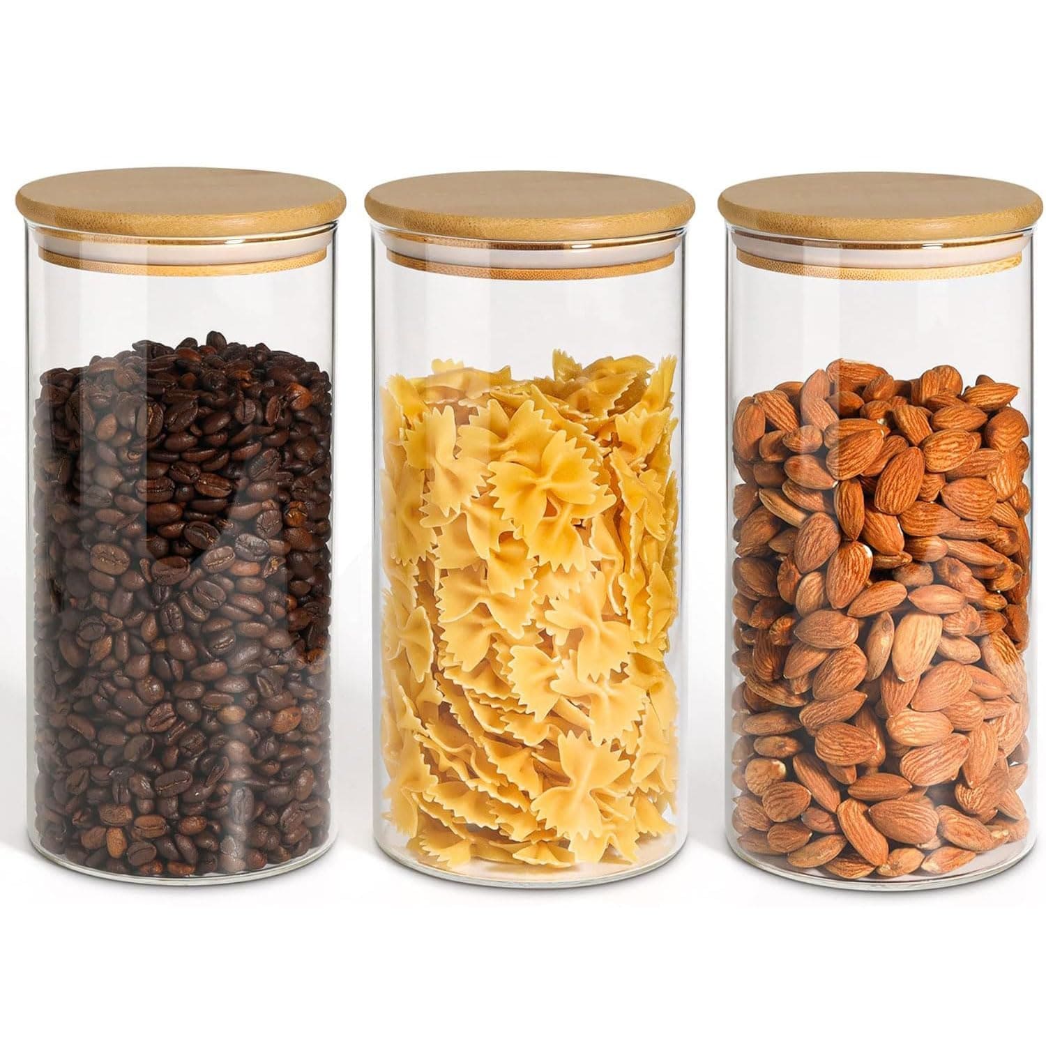 Linder Group Inc Airtight Glass Storage Canister Set with Wood Lid 1 Point 5 Quart Set of 3 Clear Food Storage Jars for Dry Food Cereal Oat Sugar Tea Coffee