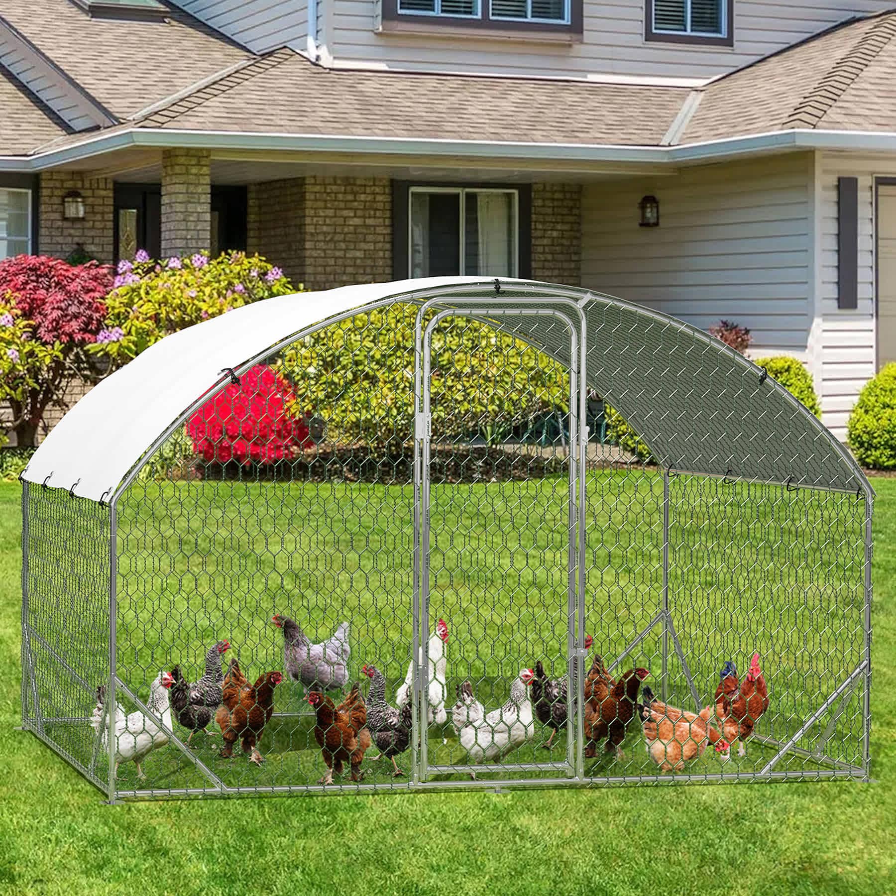 Qeetex GGL-PHO-159PFDNI 6FT Metal Chicken Cage Chicken Coops Galvanized 4 Corner Reinforcement Ribs Outdoor Large Walk-in Coops
