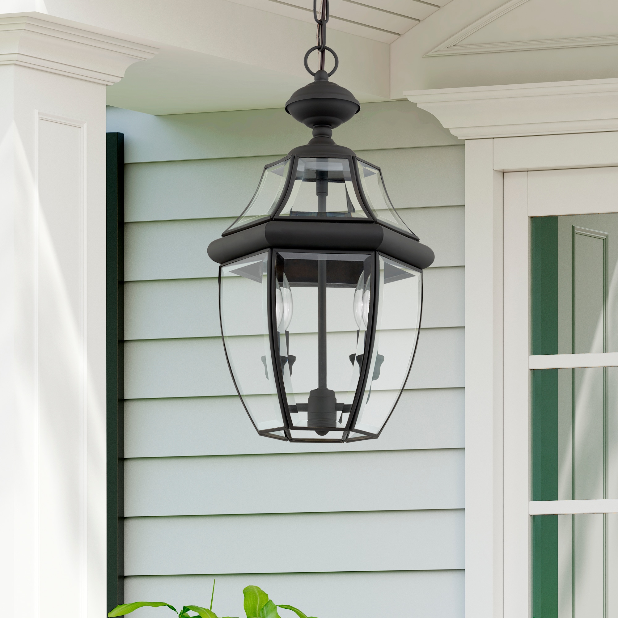 Black Beveled Glass 2-Light Outdoor Hanging Lantern