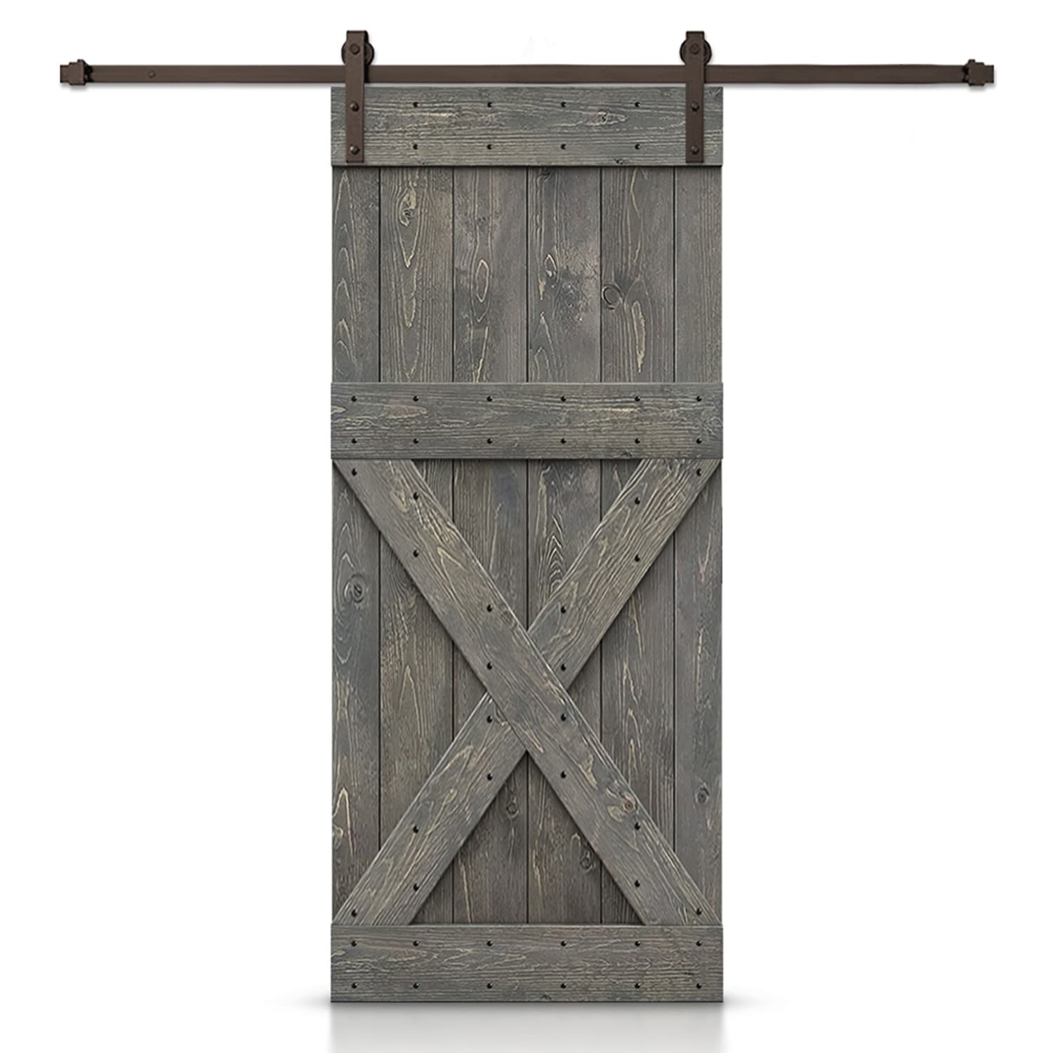 CALHOME SAB-60+DIY-DX-30GT 30-in x 84-in Weather Gray Stained Cross bar Pine Wood Hollow core Single Barn Door (Hardware Included)