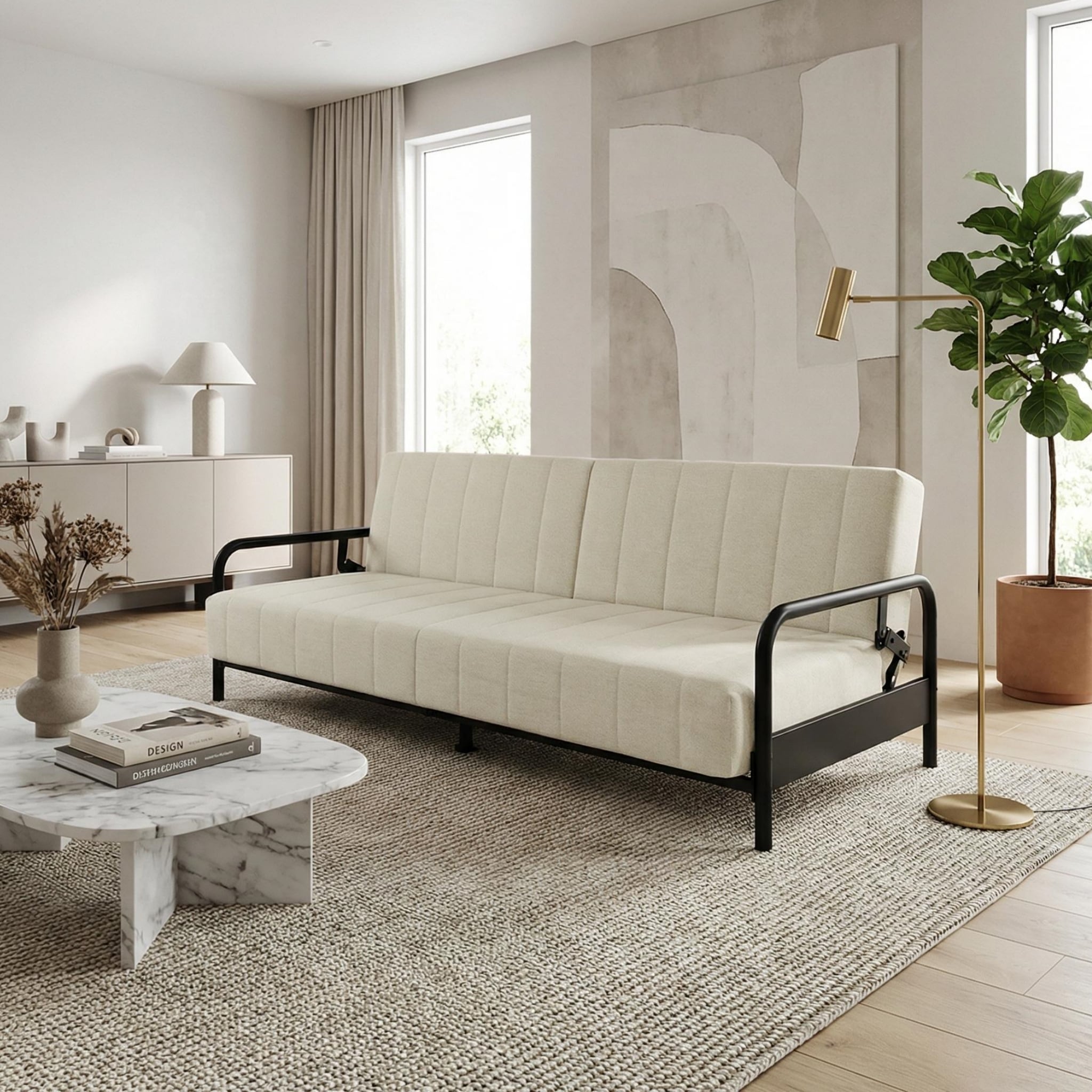 Homy Casa Clicko Sofa Bed Thick Cushion High Capacity Cream Linen
