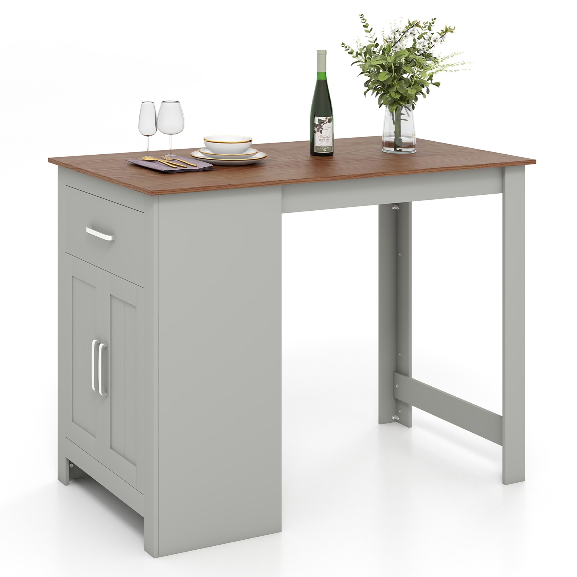 Goplus LWS00345 Grey + Natural Casual Bar Table, Wood with Frame Finish Wood Pedestal Base 47-Inches L x 35.5-Inches H