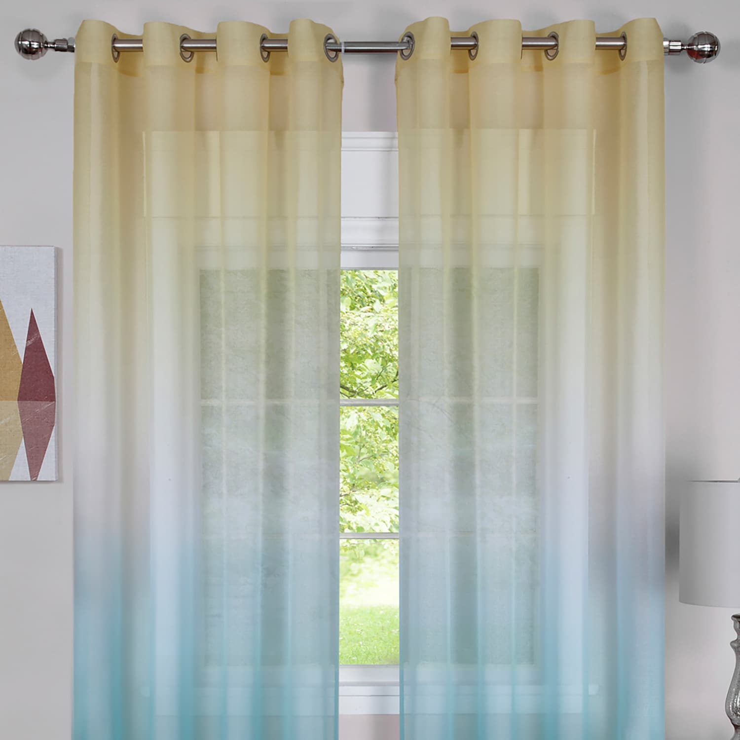 Blue Ombre Sheer Grommet Ground Length Curtain Panel