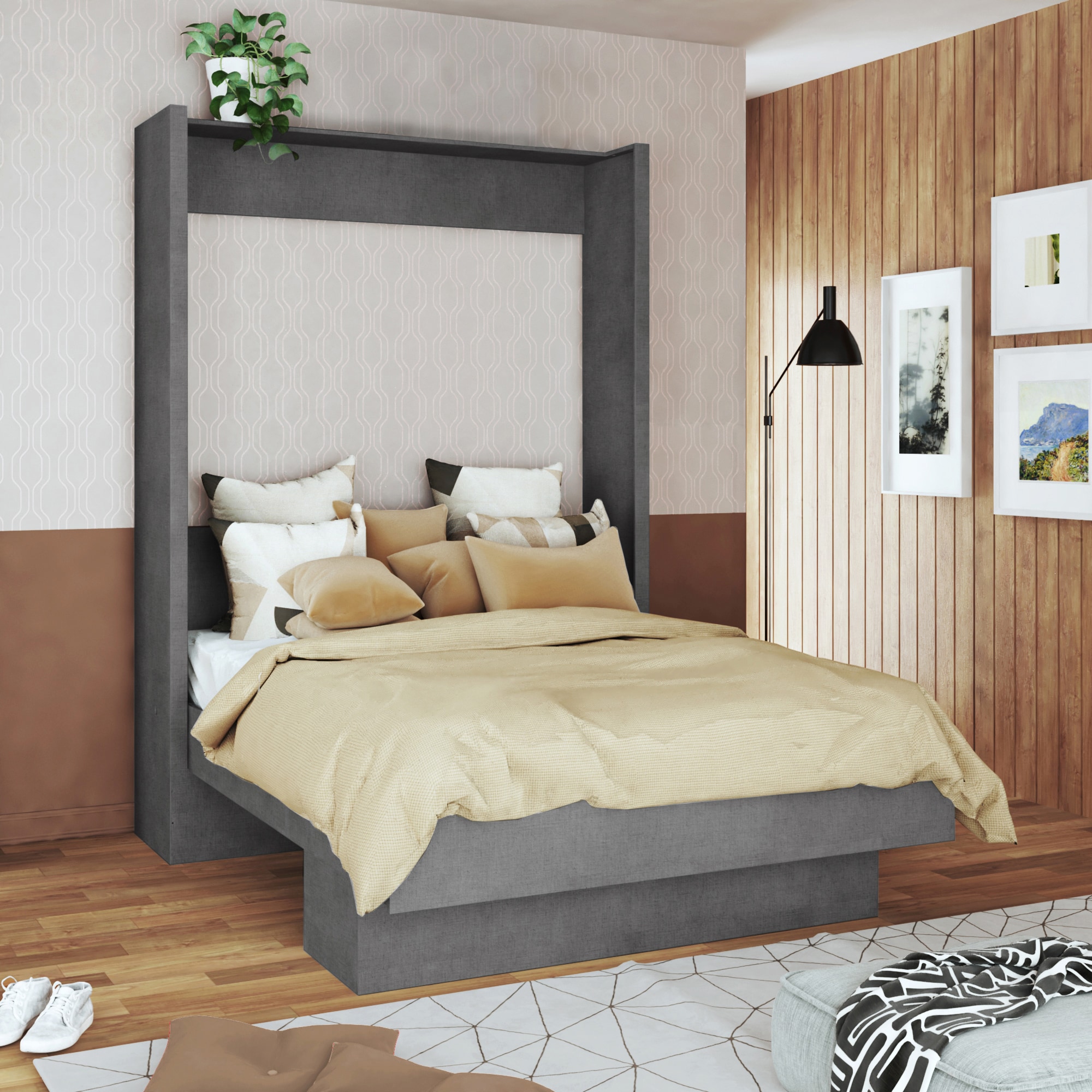 Oakland Living LILA-BED-QN-ASH High Quality Brazilian Wall Bed Dark Grey Queen Wood veneer Murphy Bed with Storage