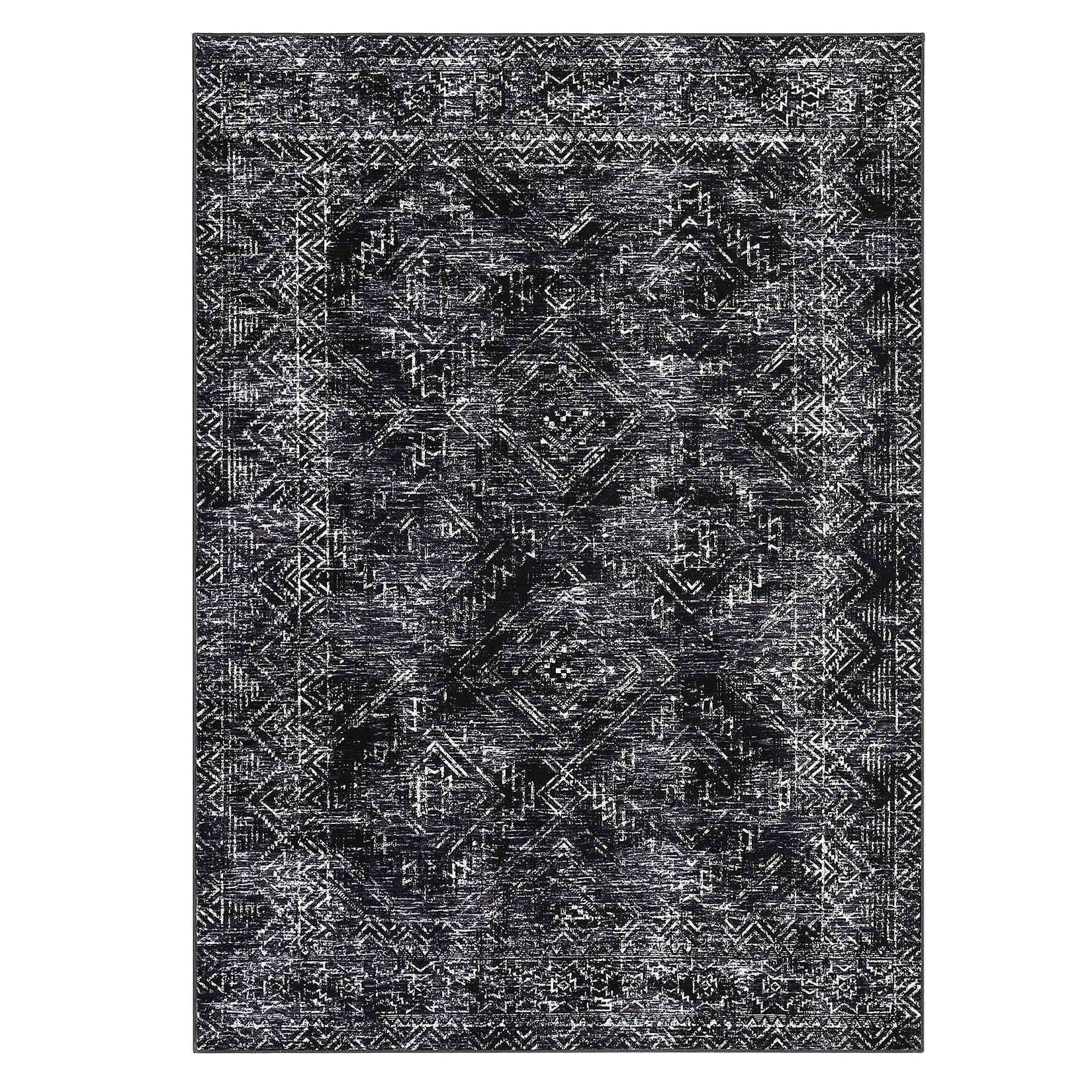 Qeetex LSN-PHO-33RA1OQA 4 x 6 ft Polyester Cashmere Black Rectangular Hallway Bathroom Entryway Kitchen Office Foldable Geometric Modern Washable Area Rug