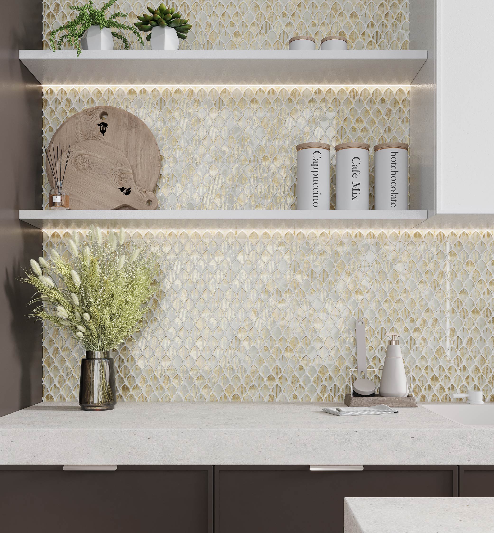 Majeste Glossy Gold and White Glass Mosaic Wall and Floor Tile