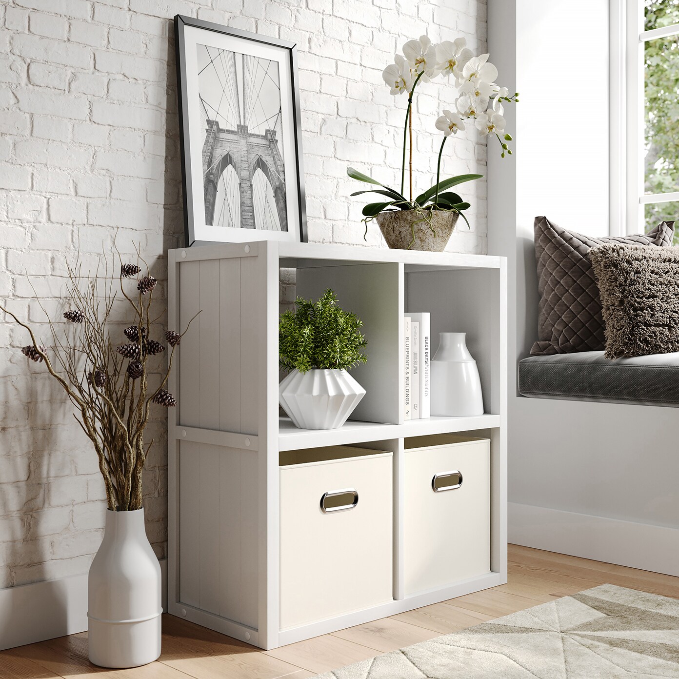 John Louis Home JLH-4C-W 27.25-Inches H x 25.5-Inches W x 11.75-Inches D White Wood 4 Cube organizer