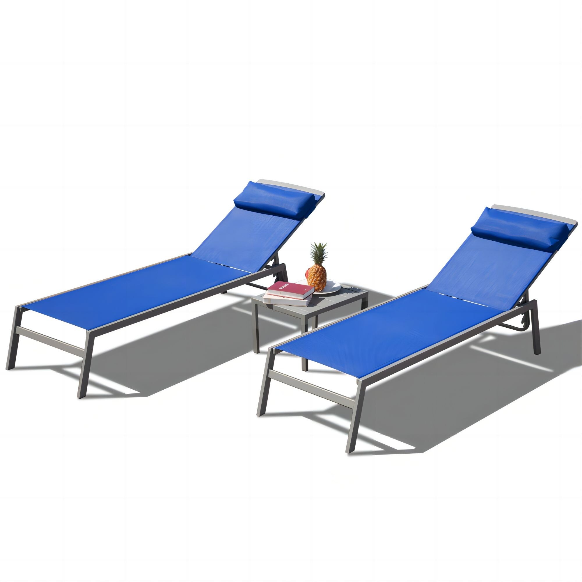 ToolCat PG2-130-PT Set of 2 Stackable Sliver Aluminum Frame Stationary Chaise Lounge Chair with Blue Mesh Seat