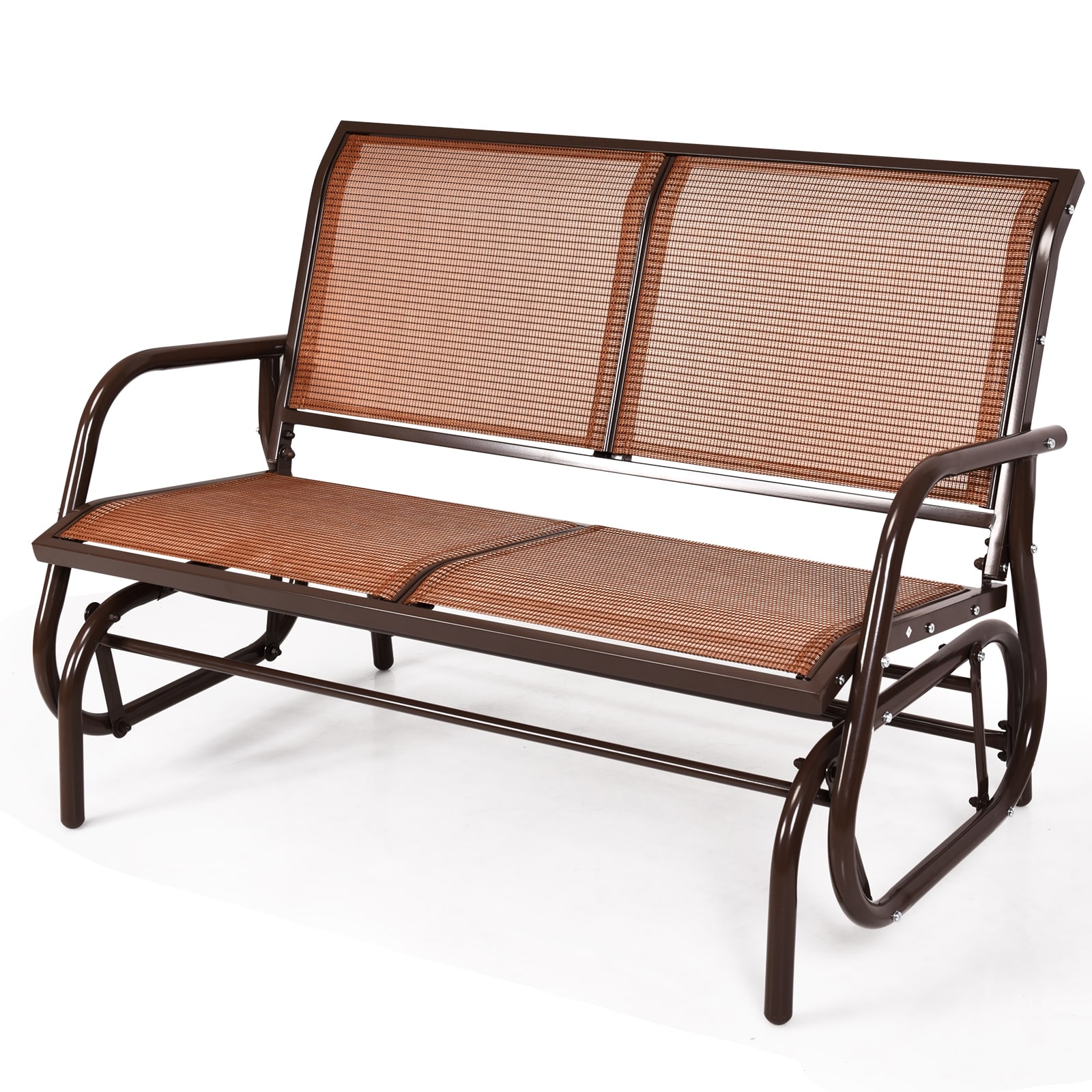 CASAINC WF-OP70489BN-LA Swing Glider Chair 48" Loveseat Rocker Lounge Backyard Brown Steel Frame Rocking Chair with Brown Sling Seat