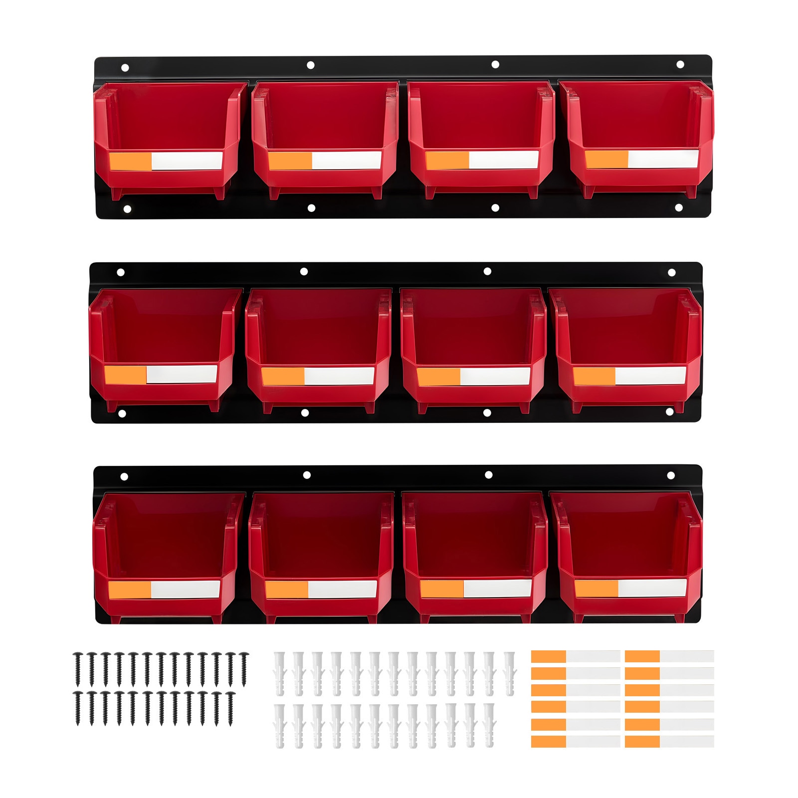 Mecale 12-Bin Wall-Mounted Storage Bin Rack with 3 Metal Rails Plastic Hanging Bins