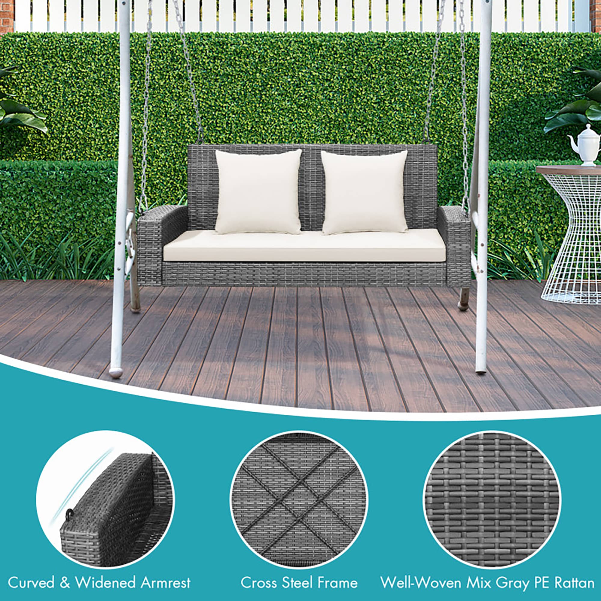 Gray Steel Frame Porch Swing with White Cushions