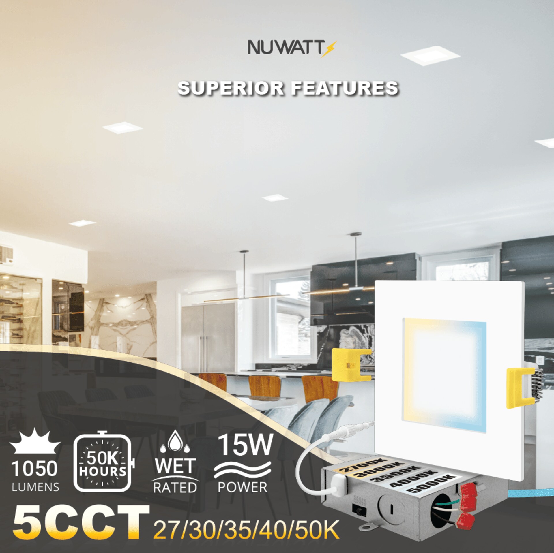 White 6-Inch Square Aluminum LED Recessed Lighting Kit